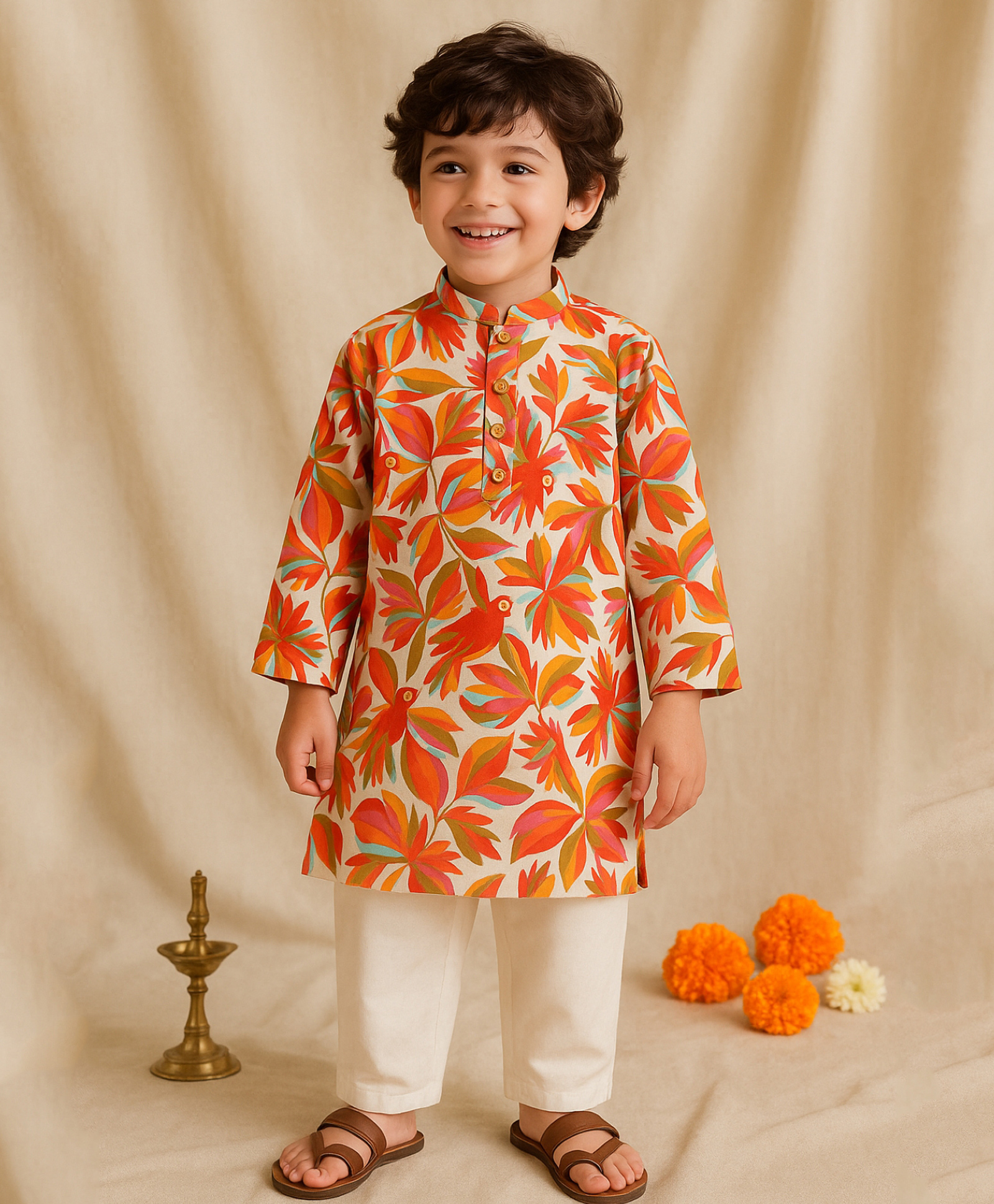 Tales & Stories Cotton Woven Full Sleeves Leaves & Birds Printed Kurta Pyjama Set - Multi Colour-picture-27