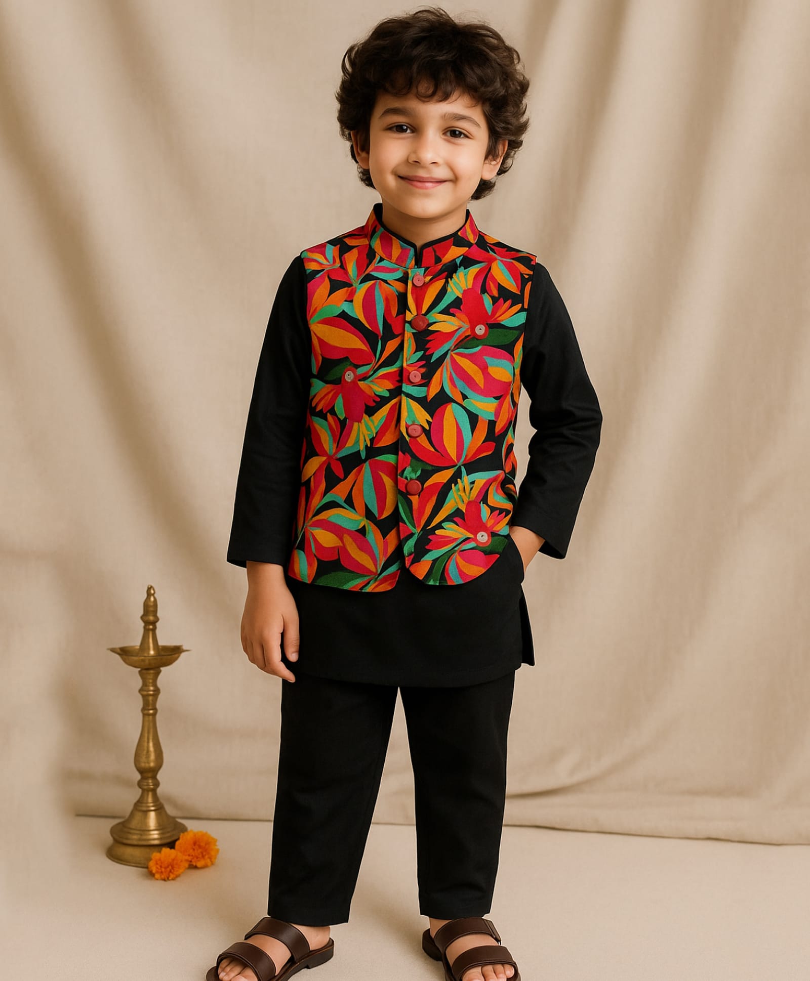 Tales & Stories Cotton Woven Full Sleeves Solid Kurta Pyjama With Leaves Printed Jacket Set - Black-picture-33