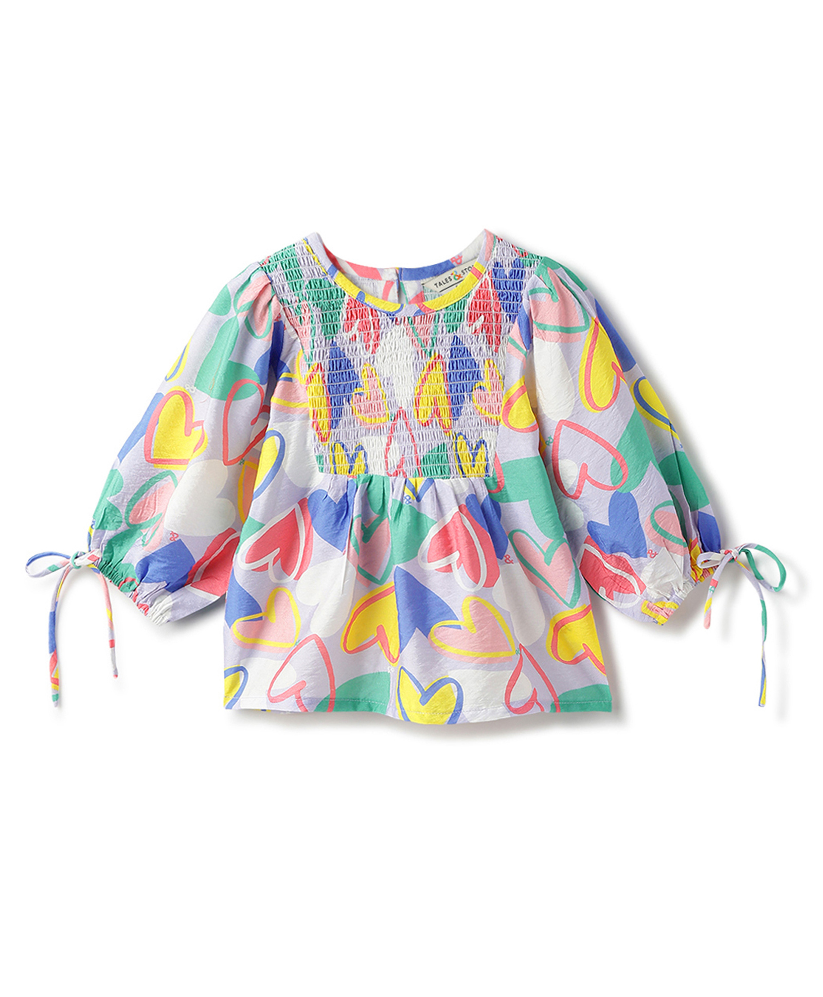 Tales & Stories Woven Three Fourth Puffed Sleeves Hearts Printed Top - Multi Colour-picture-28