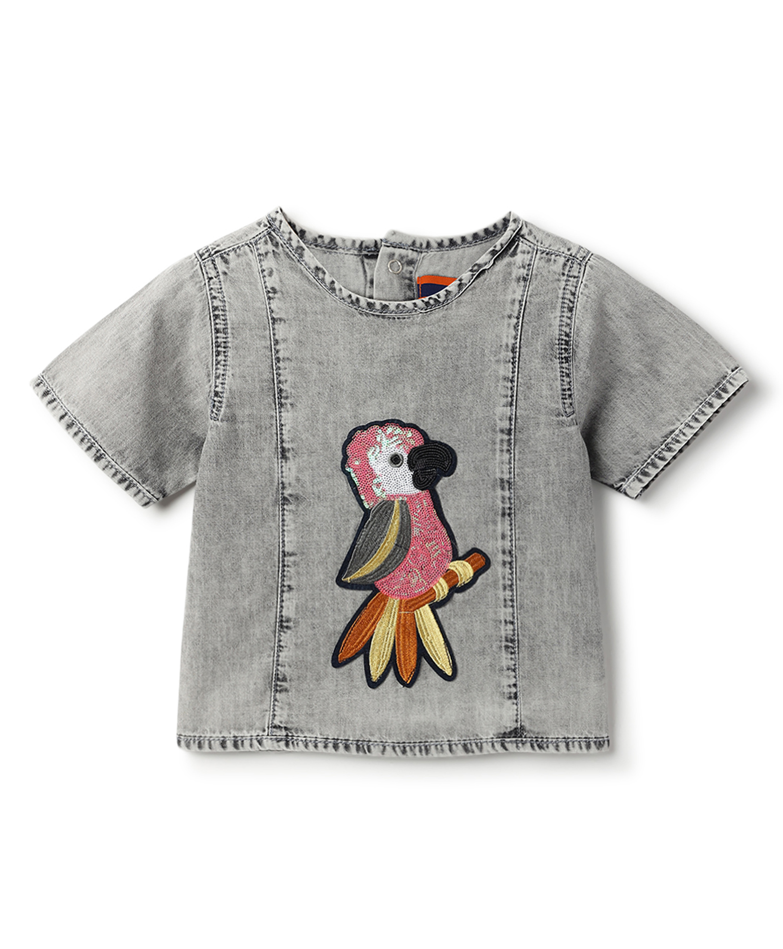 Tales & Stories Cotton Woven Half Sleeves Bird Embroidered & Sequins Embellished Crop Top - Grey-image-32