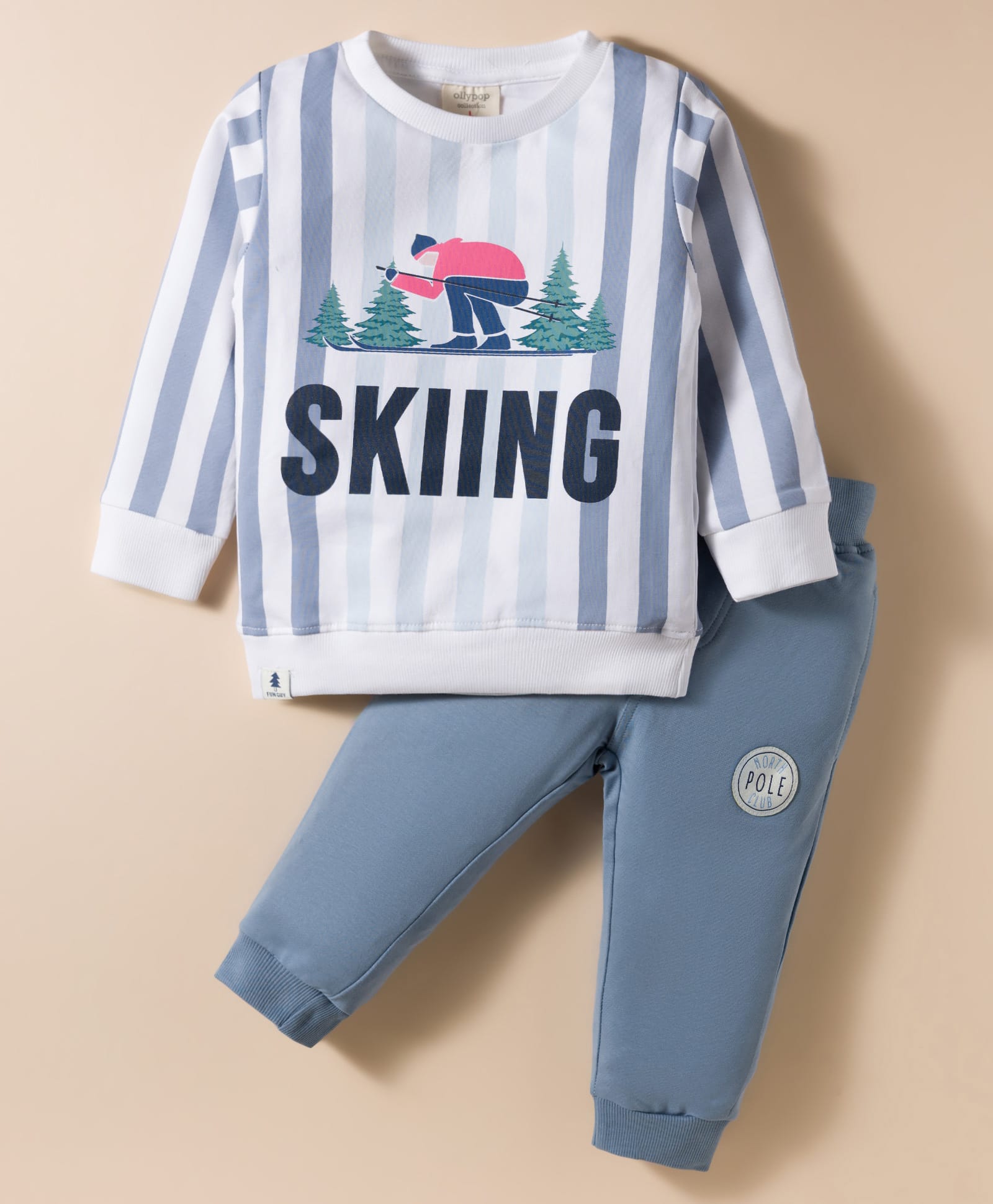 Ollypop Looper Knit Full Sleeves T-Shirt & Lounge Pant Set with Skiing Print & Stripes - Light Blue-picture-28