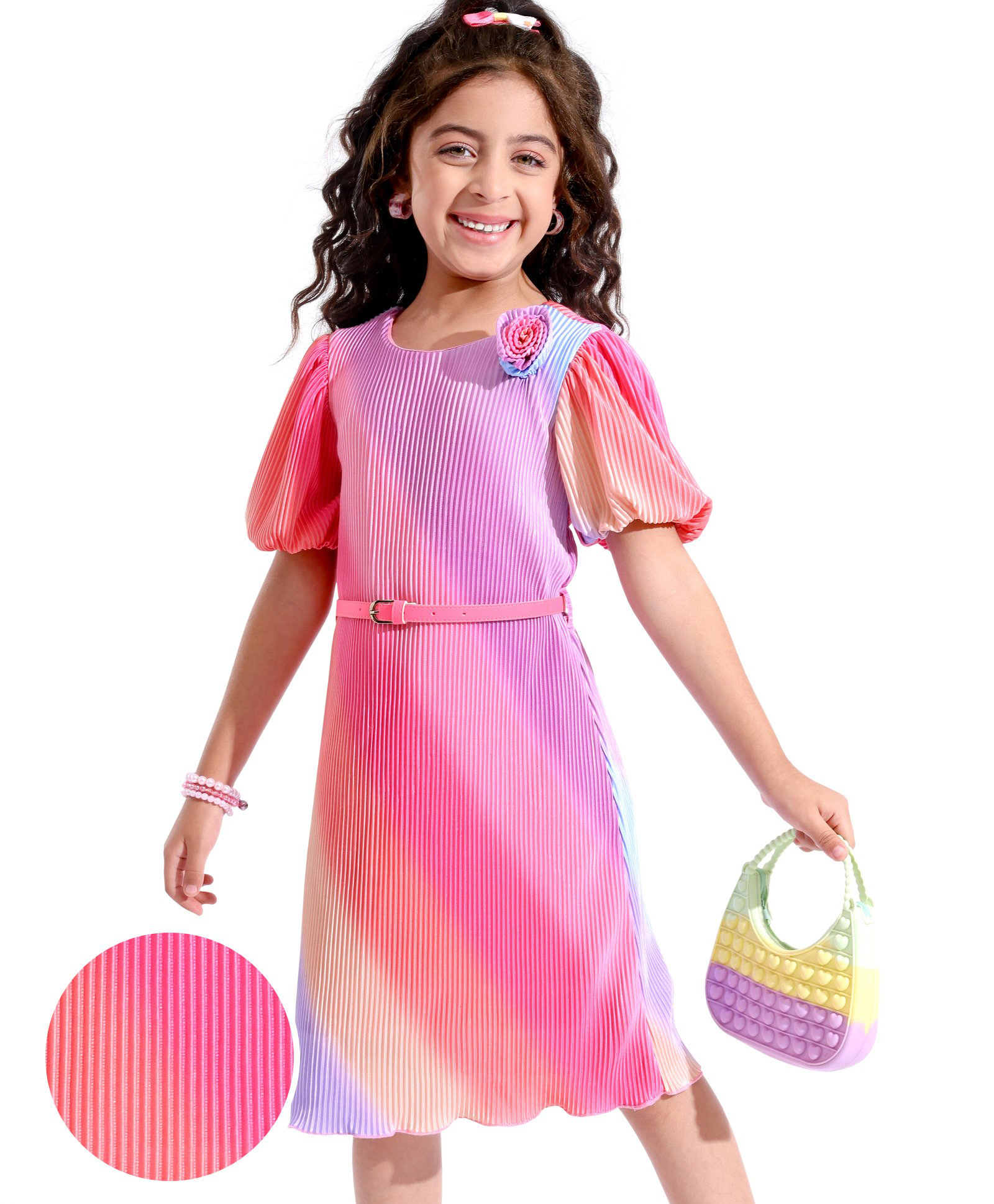 Hola Bonita Knit Half Sleeves Rainbow Pleated Fabric Dress with Belt - Pink-picture-25