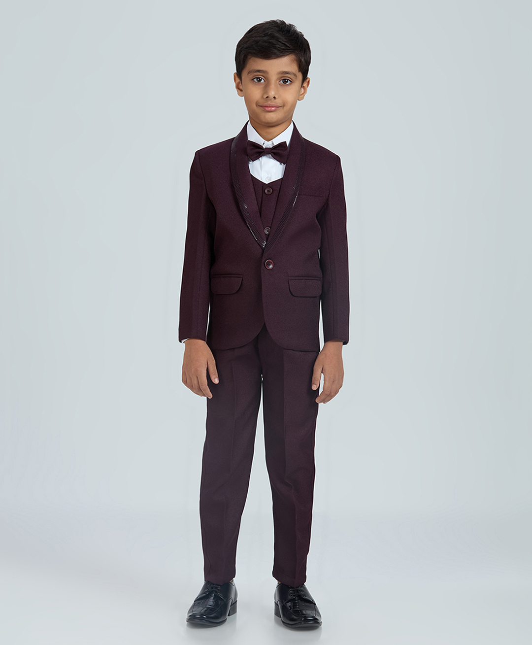 KIDS ISLAND Woven Full Sleeves Solid 4 Piece Party Suit Set With Bow - Wine-picture-11