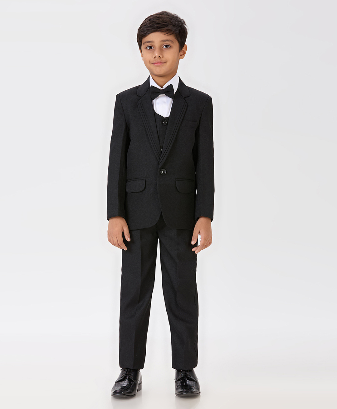 KIDS ISLAND Knit Full Sleeves Textured 4 Piece Party Suit With Bow Set - Black-image-25