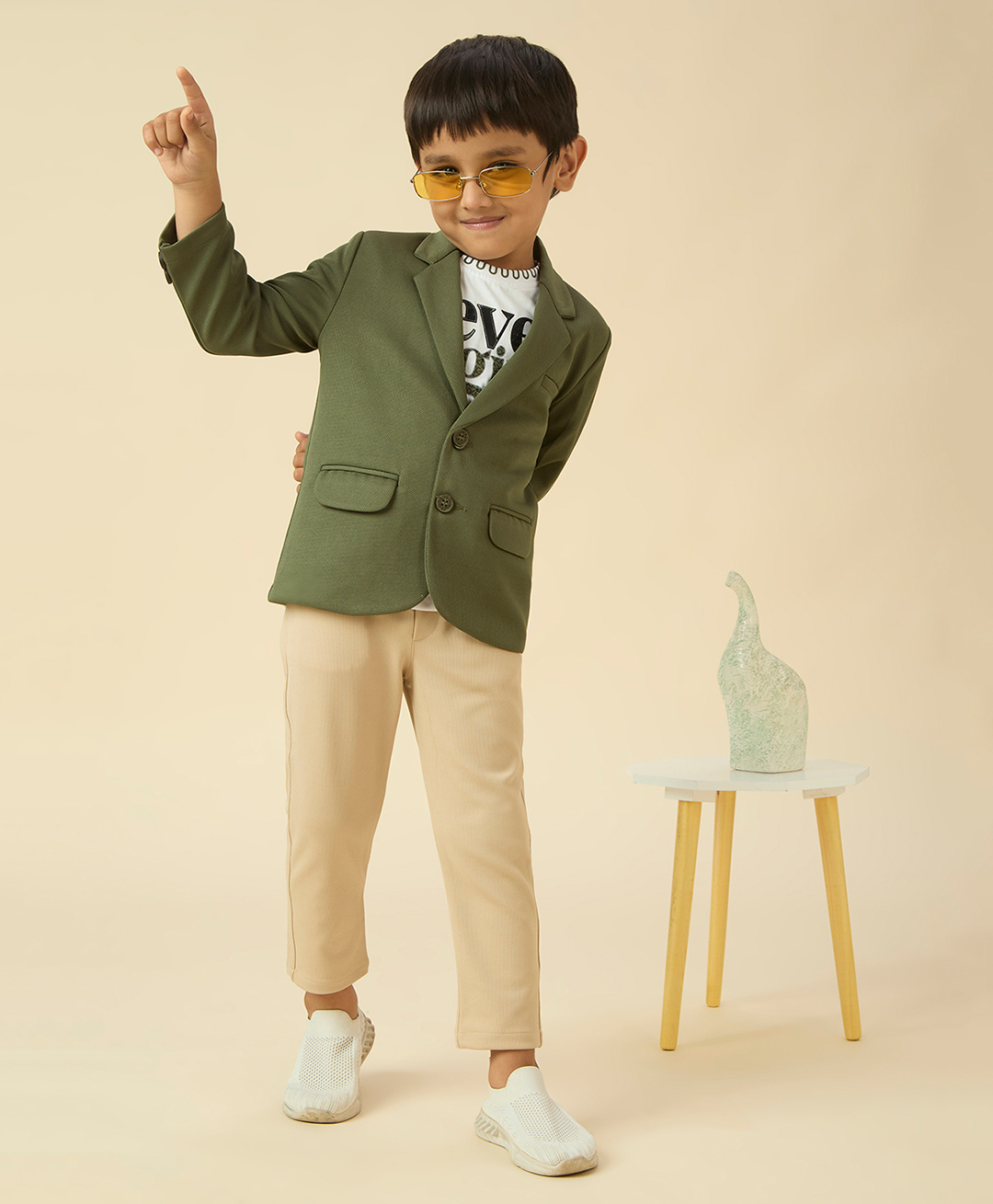 KIDS ISLAND Lycra Woven Full Sleeves Typography Printed Tee & Pant With Blazer Set - Green-image-39