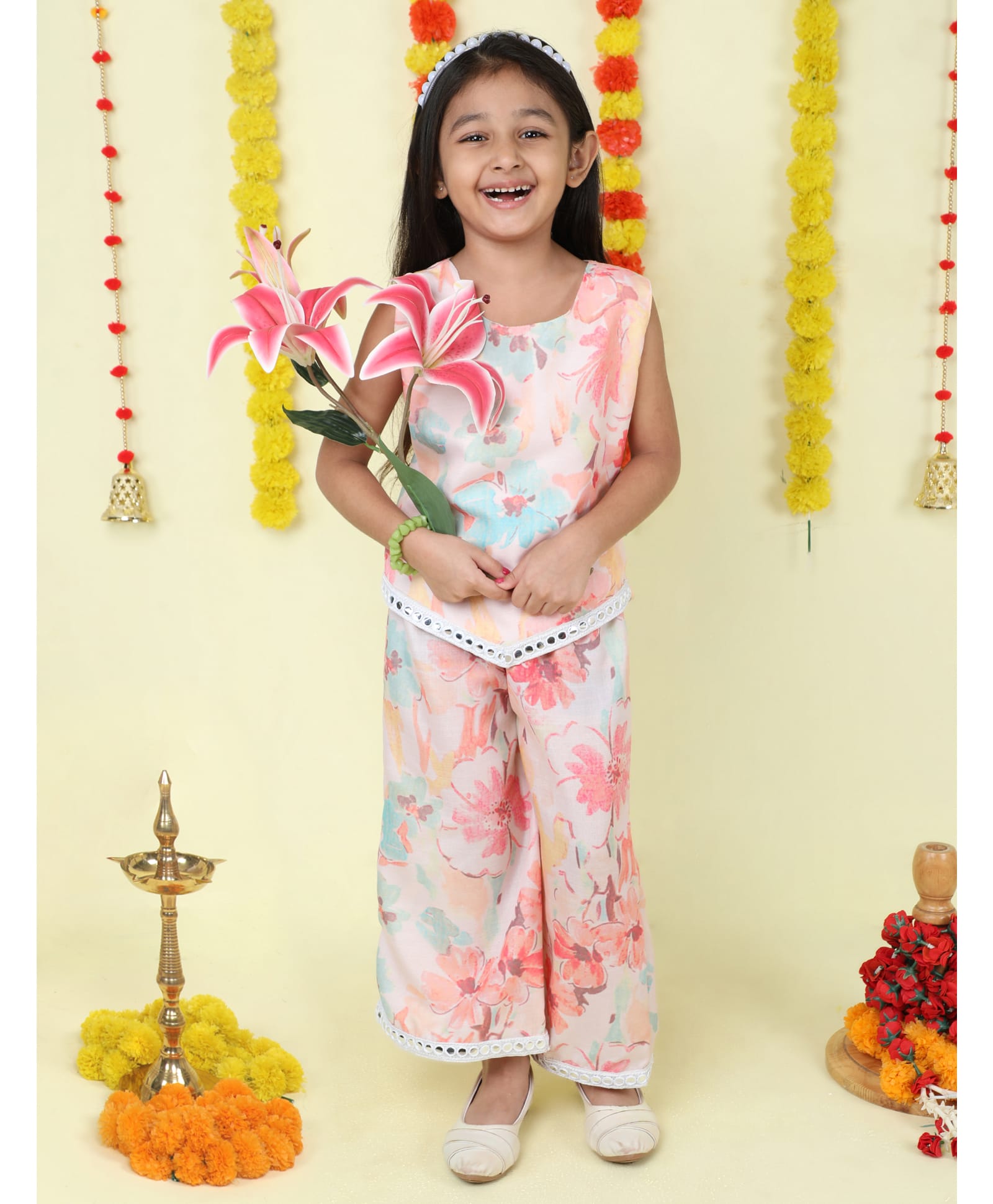 The Magic Wand Woven Sleeveless Floral Printed Mirrorwork Detailed Top & Pant Set - Peach-image-26