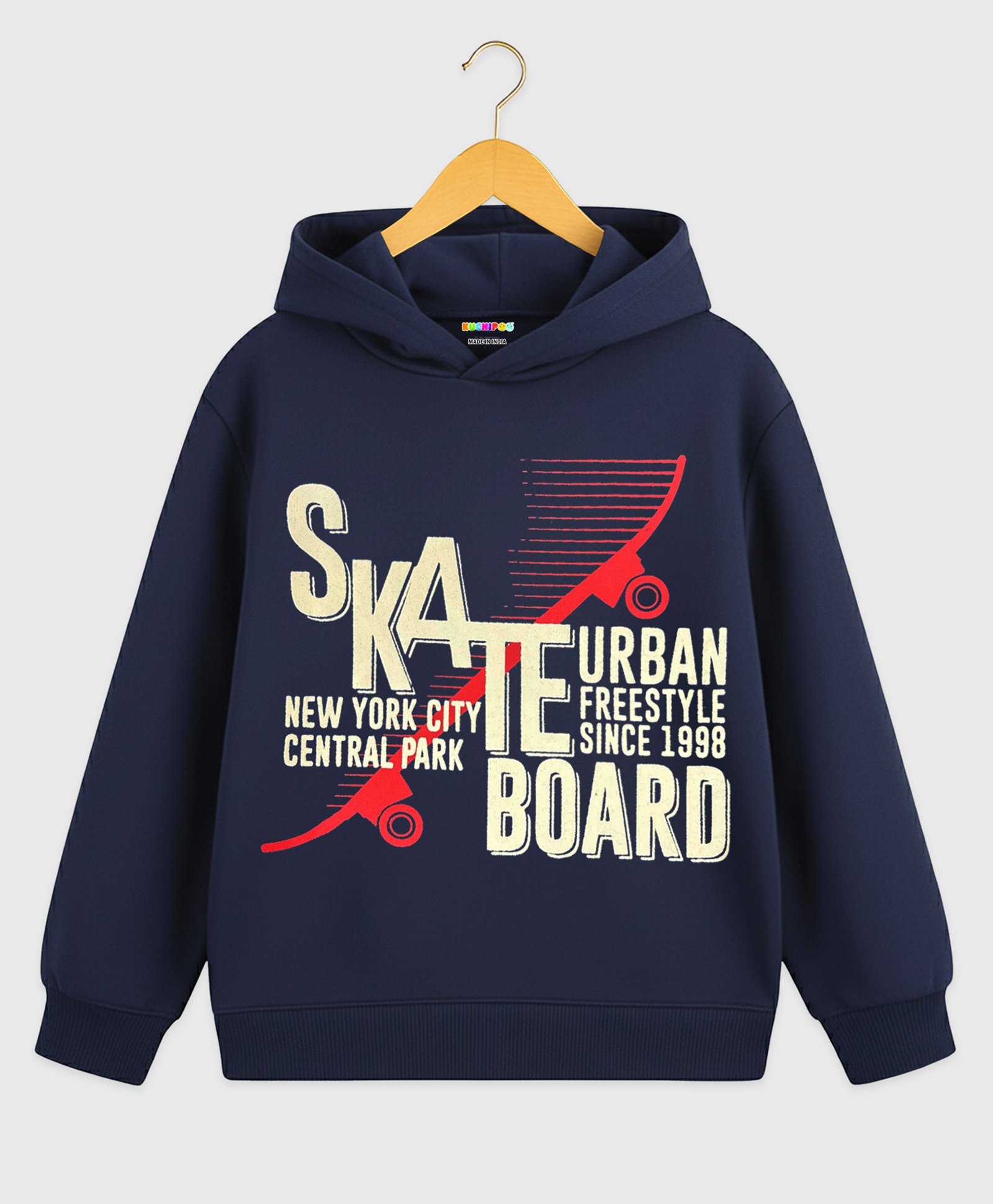 KUCHIPOO Fleece Knit Skateboard Printed Light Winter Hoodie - Navy Blue-image-4