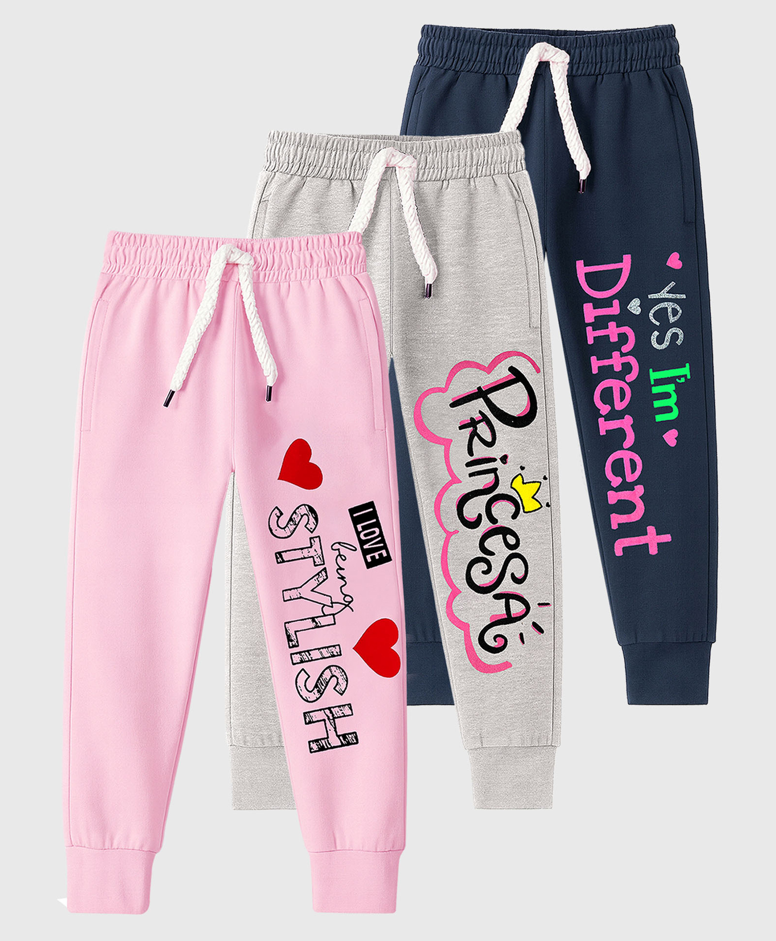 KUCHIPOO Cotton Blend Knit Pack Of 3 Typography & Hearts Printed Track Pants - Pink Grey & Navy Blue-picture-20