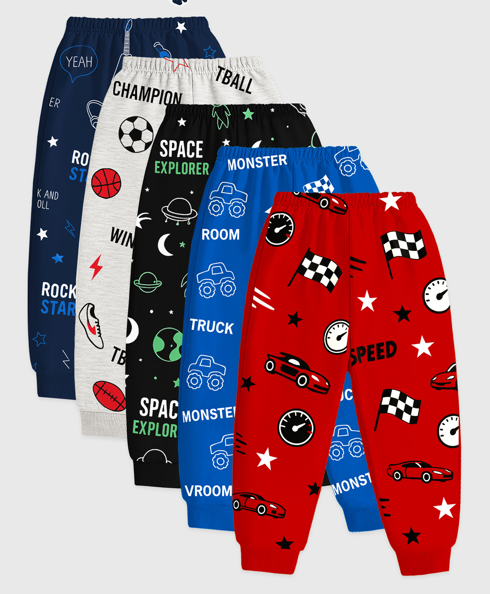 KUCHIPOO Cotton Blend Knit Pack Of 5 Stars Car & Typography Printed Track Pants - Red Blue Black Grey & Navy Blue-picture-25