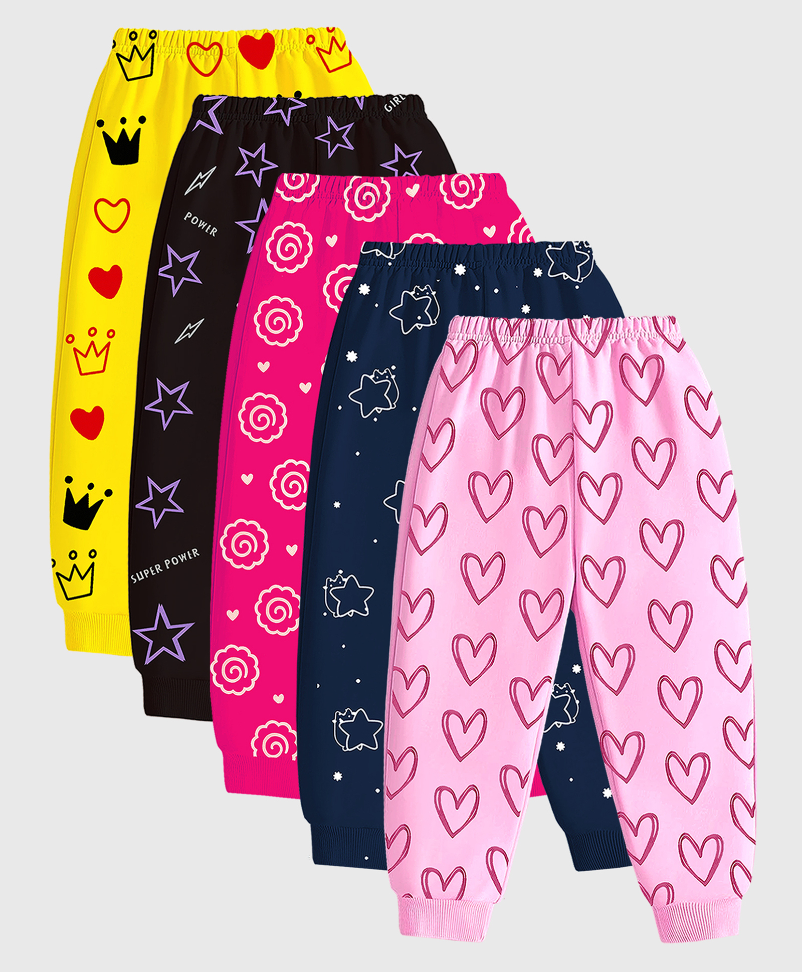 KUCHIPOO Cotton Blend Knit Pack Of 5 Hearts Crown & Stars Printed Track Pants - Black Yellow Dark Pink & Navy Blue-picture-26