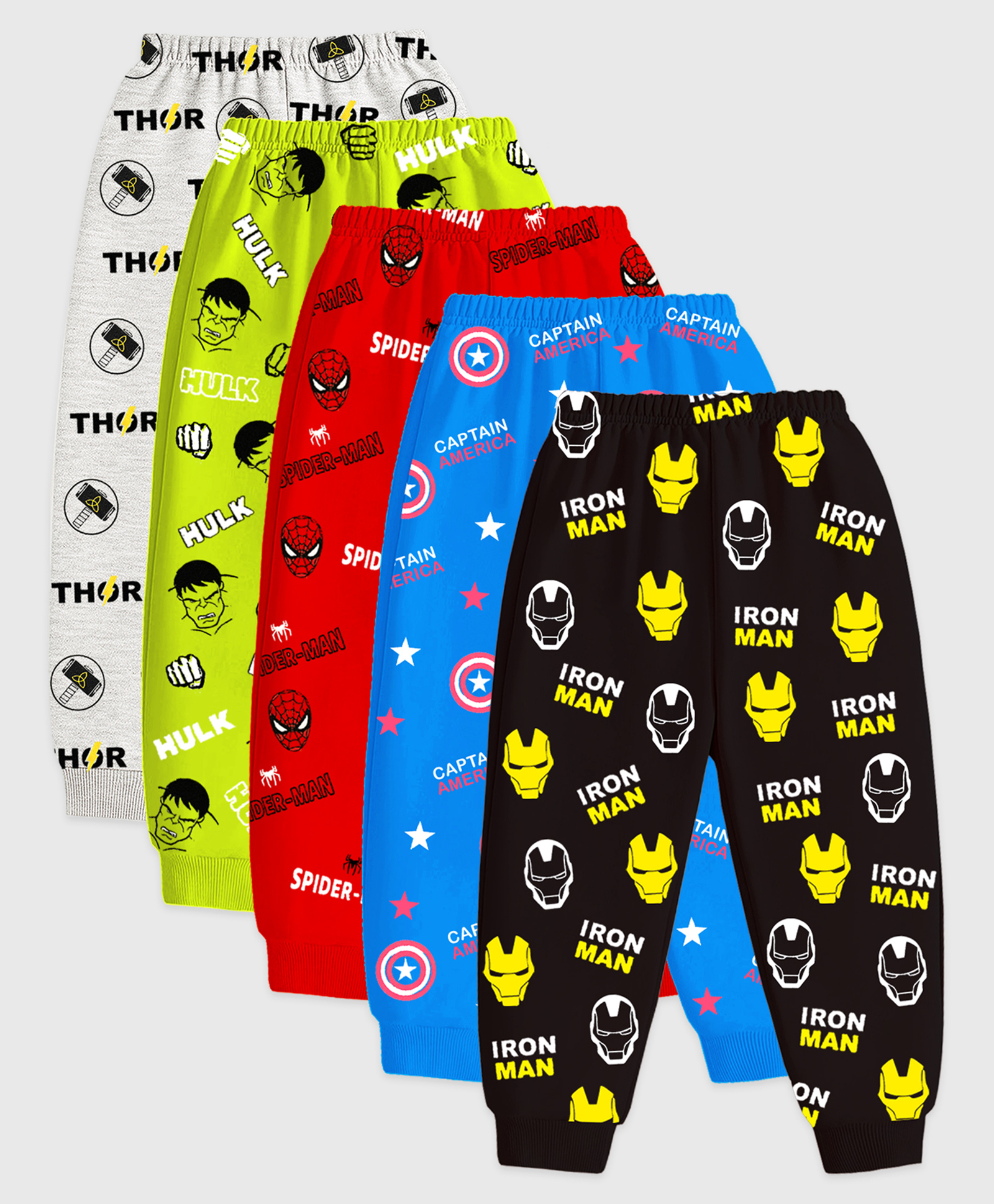KUCHIPOO Cotton Blend Knit Marvel Avengers Featuring Pack Of 5 Characters Printed Pajamas - Red Green White Blue & Black-image-12