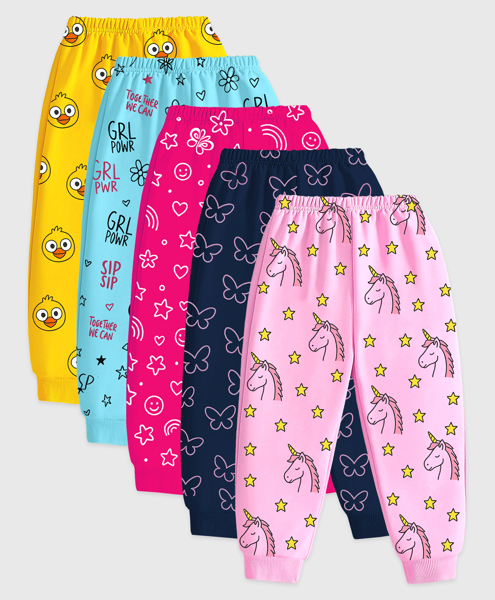 KUCHIPOO Cotton Blend Knit Pack Of 5 Unicorn & Butterfly Printed Pajamas - Yellow Blue Dark Pink Navy Blue & Pink-picture-42