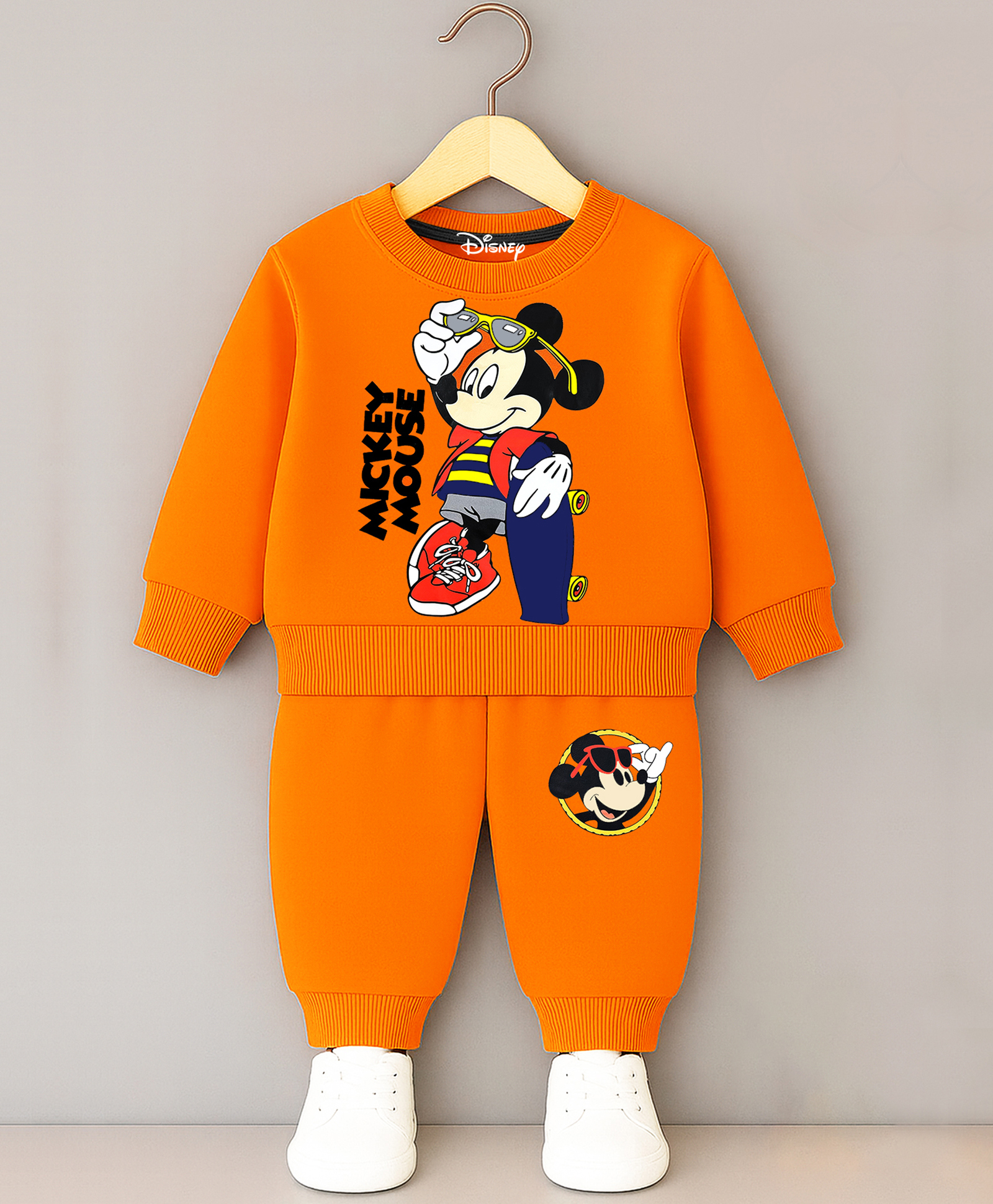 KUCHIPOO Cotton Blend Knit Mickey Mouse Featuring Full Sleeves Character Printed Light Winter Sweatshirt & Joggers Set - Orange
