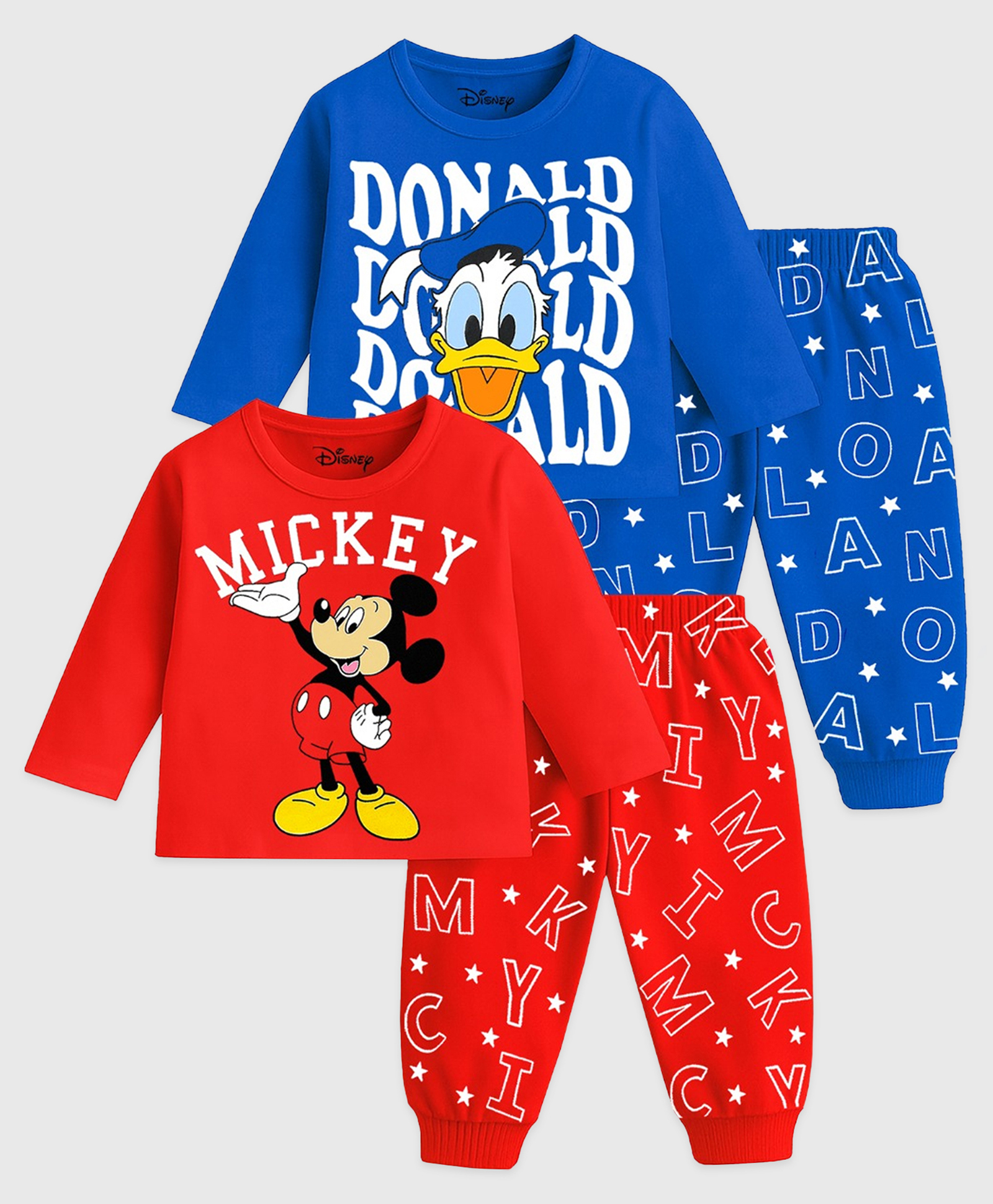 KUCHIPOO Cotton Blend Knit Mickey & Friends Featuring Pack Of 2 Full Sleeves Characters Printed Light Winter Sweatshirt & Joggers Set - Red & Blue-picture-12