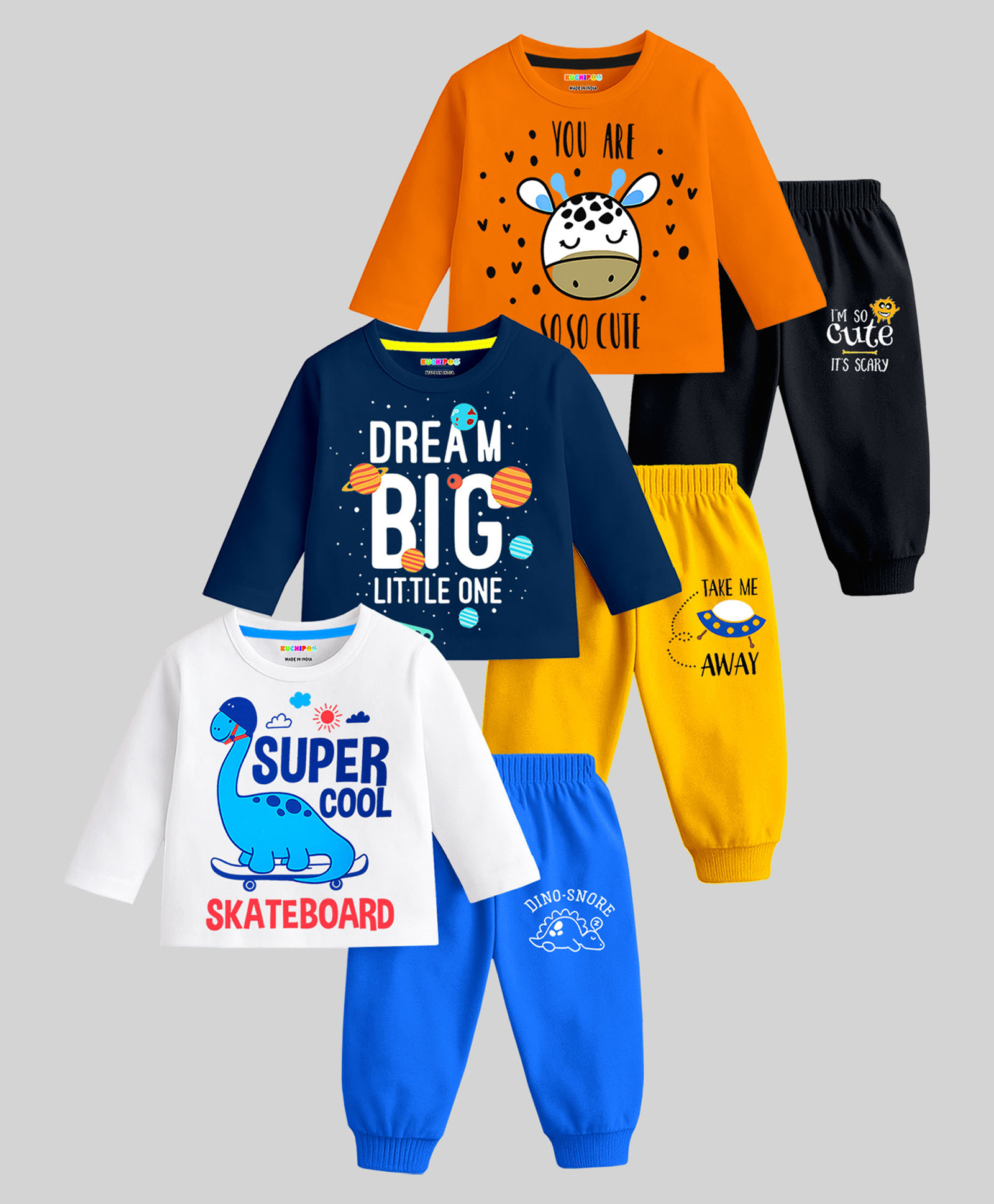KUCHIPOO Cotton Blend Knit Pack Of 3 Full Sleeves Animals Space Theme & Typography Printed Tees & Joggers Set - Orange Navy Blue White Yellow Black & Blue-picture-20