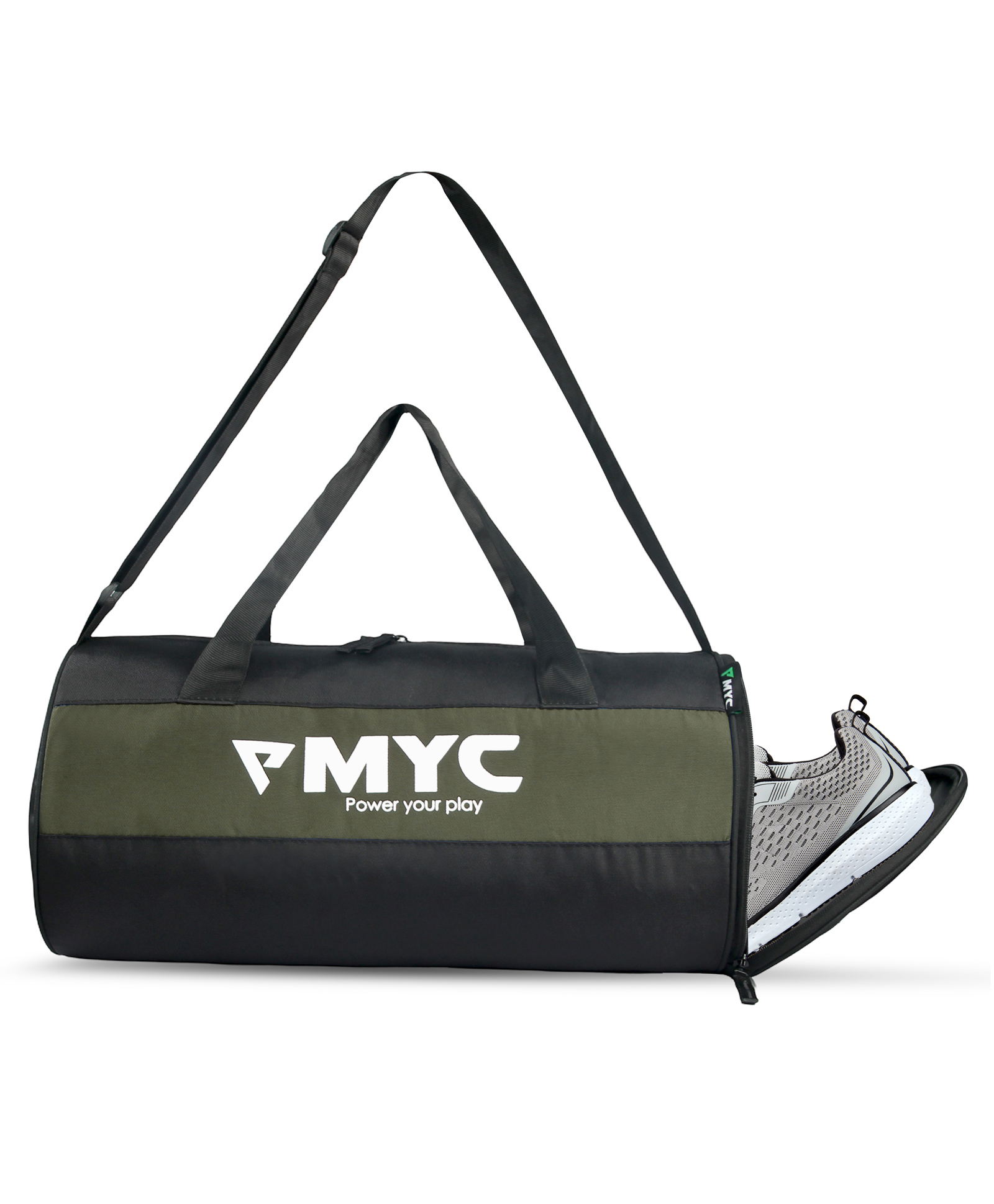 MYC Unisex Sports Gym Bag with Separate Shoe Compartment 20L Travel & Duffle Bag Adjustable Strap, Fits Shoes & Towel Black/Olive (49 cm)-image-2