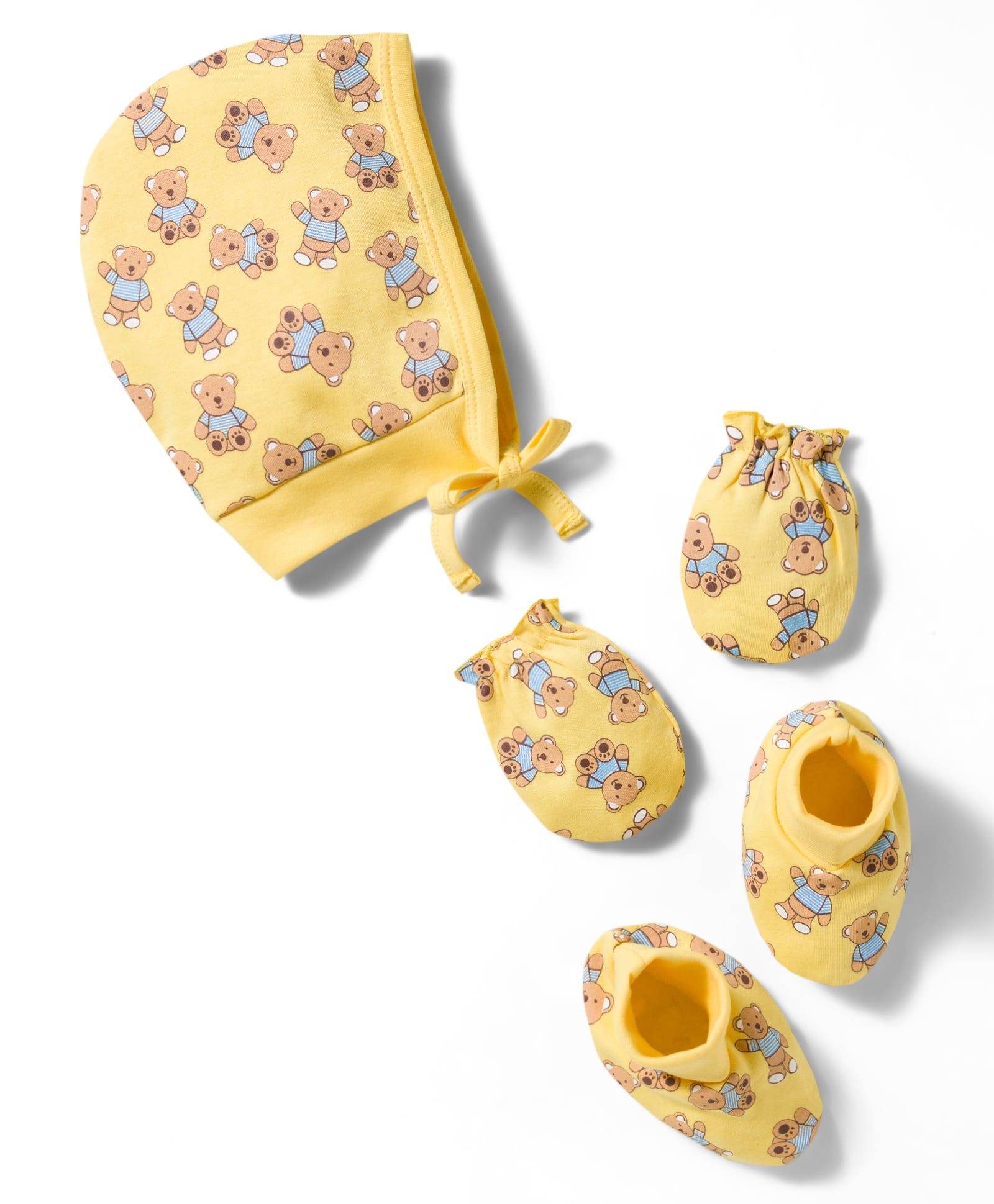 Doodle Poodle 100% Cotton Interlock Knit Cap with Knot Mittens & Booties Set with Teddy Print Lemon Yellow - Diameter 15 cm-image-19