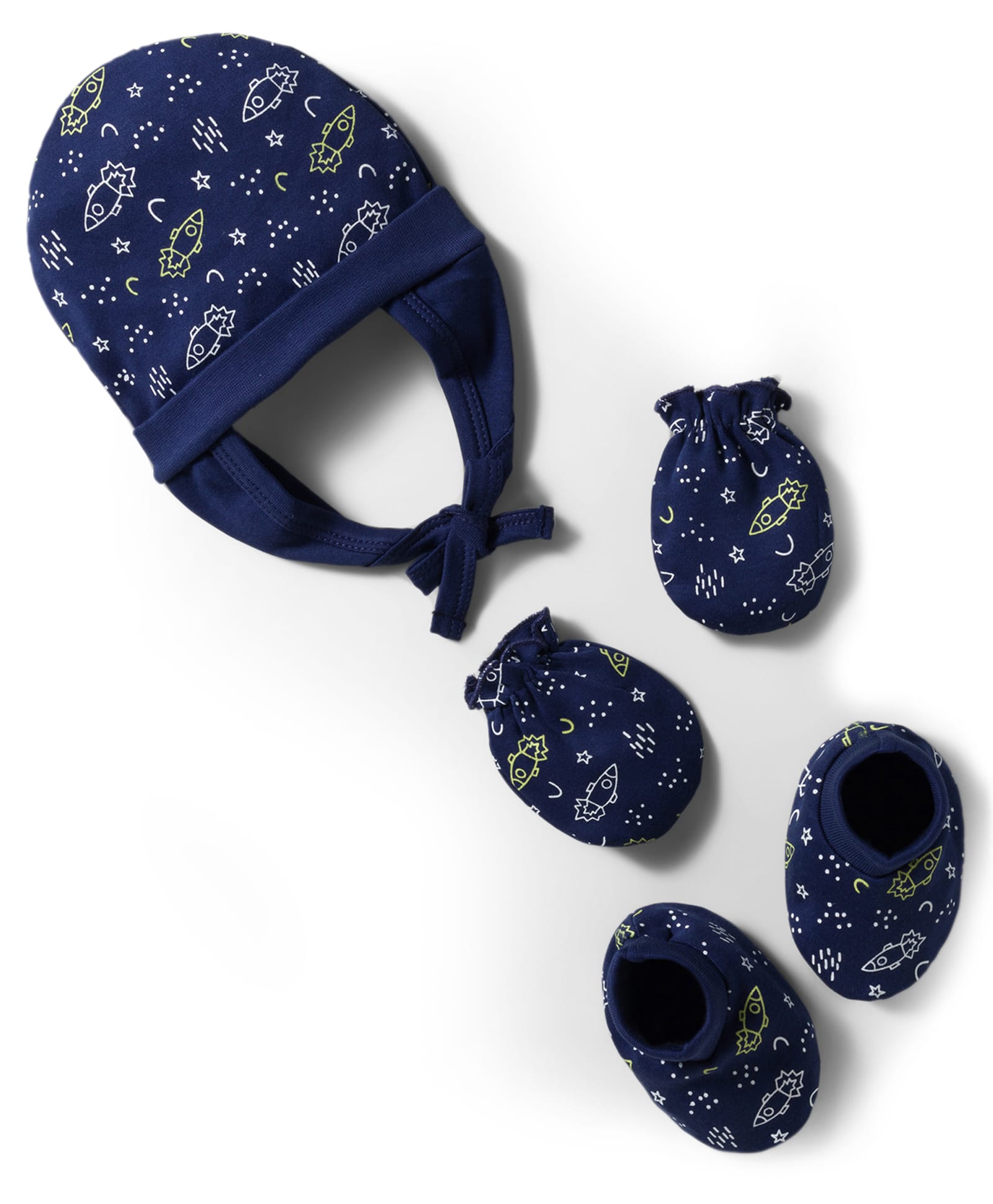 Doodle Poodle 100% Cotton Interlock Knit Cap Mitten & Booties Set with Space Theme Print Navy Blue - Diameter 15 cm-image-25