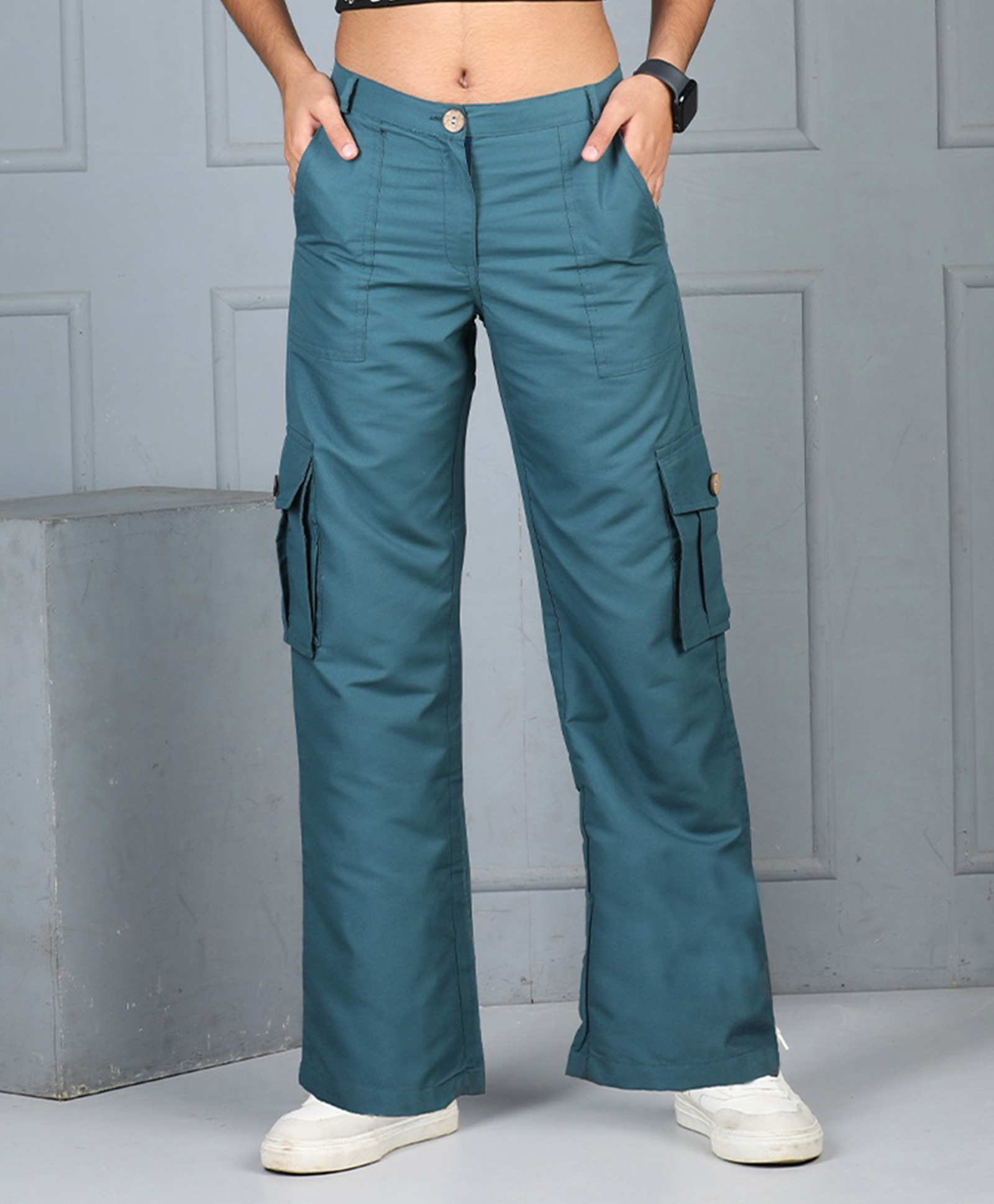 Cutiekins Woven Solid Flared Cargo Pants - Teal Blue-picture-36