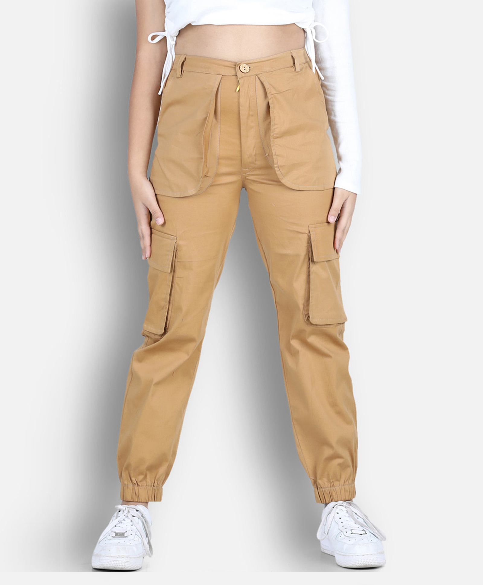 Cutiekins Lycra Woven Solid Cargo Pants - Camel Brown-picture-28