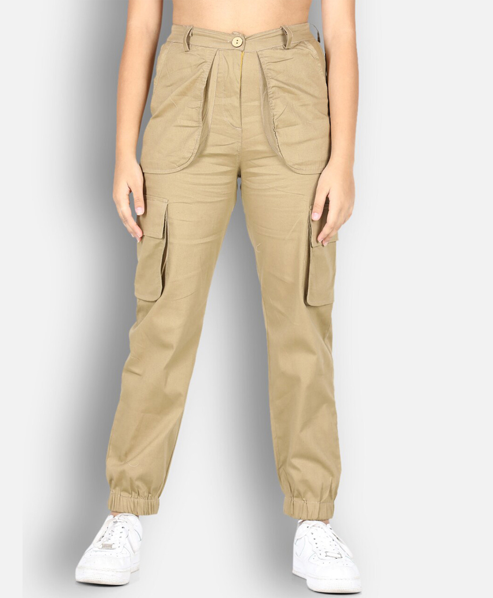 Cutiekins Lycra Woven Solid Cargo Pants - Beige-picture-14