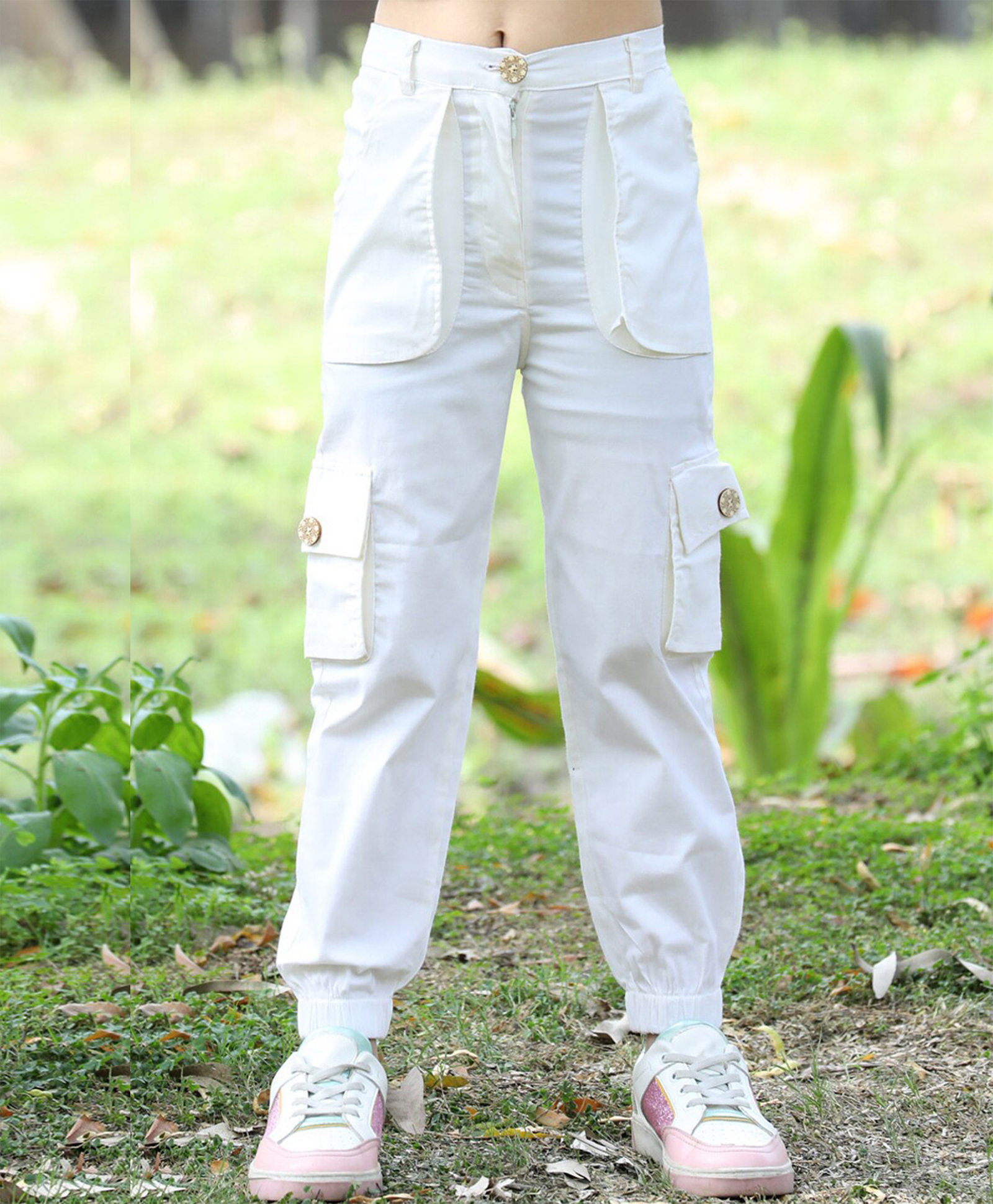 Cutiekins Lycra Woven Solid Cargo Pant - Off White-picture-26