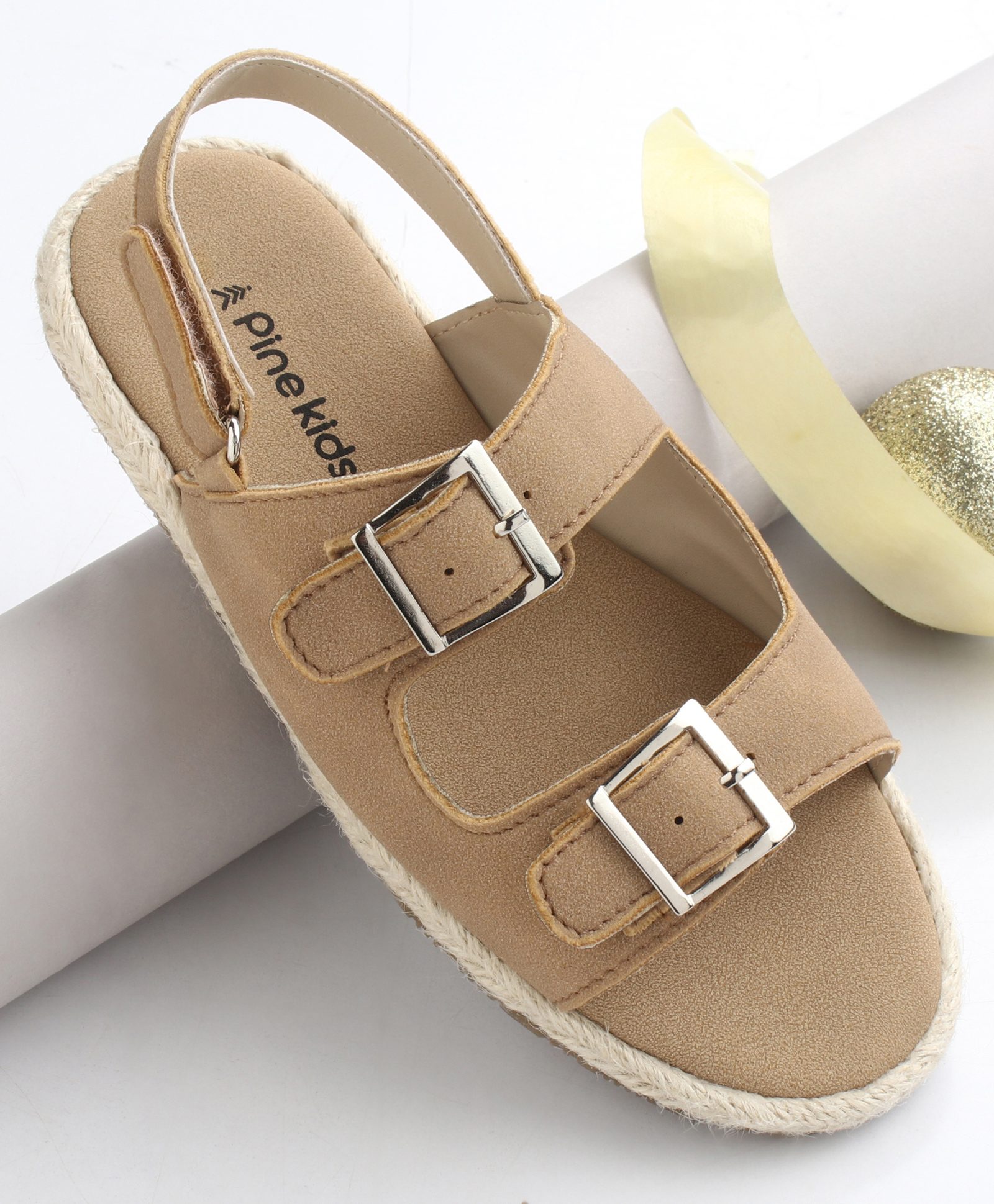 Pine Kids Solid Colour Sandals With Velcro Closure - Tan-image-38