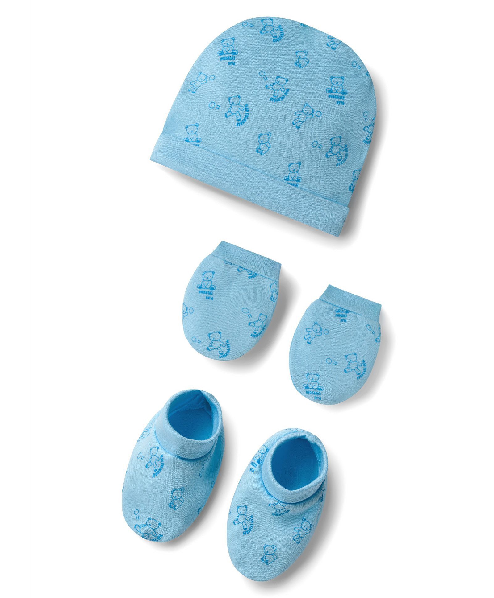 Doodle Poodle 100% Cotton Interlock Knit Cap Mittens & Booties Set with Bear Print Aqua Blue - Diameter 19 cm-image-39