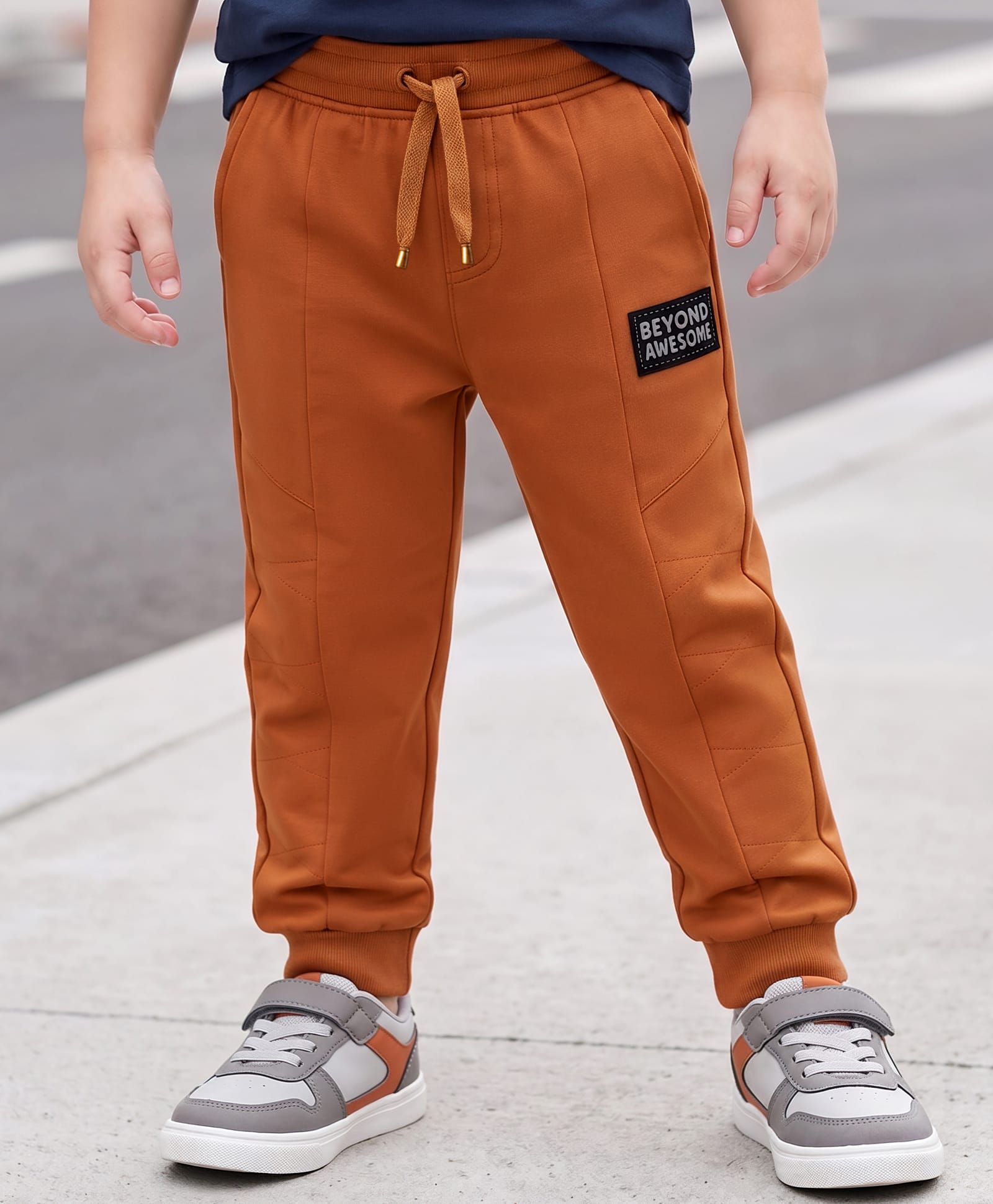 Kookie Kids Terry Knit Full Length Joggers with Badge - Brown-image-14