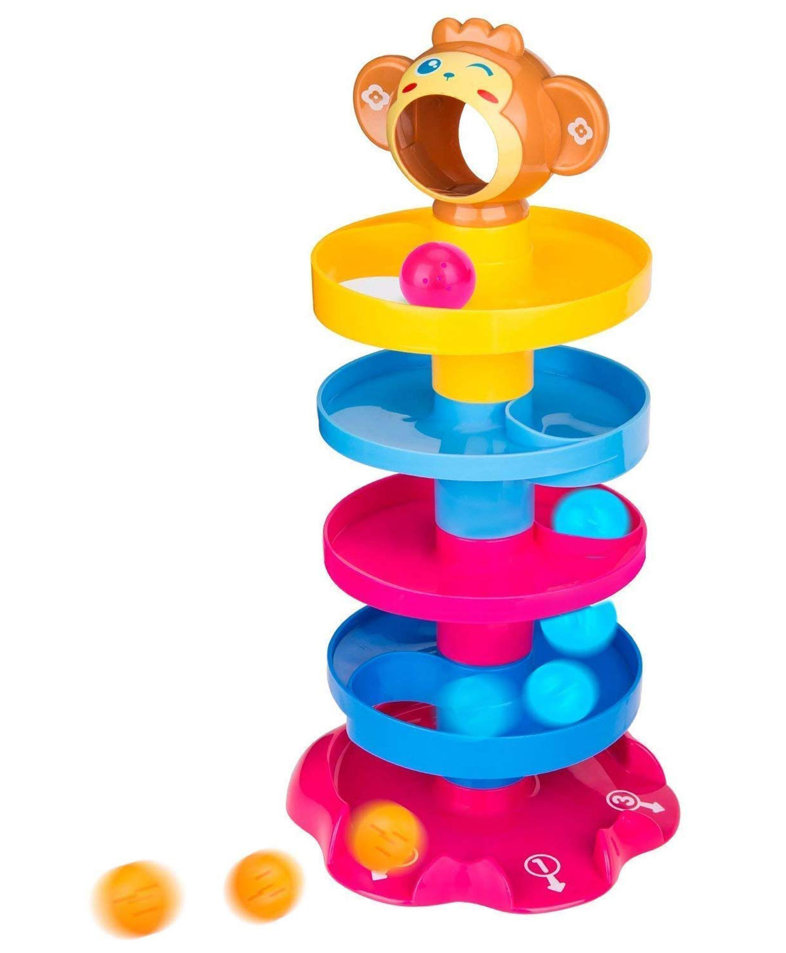 FUNVERSE 5 layer ball drop and roll swirling tower for baby and toddler development educational toys | stack, drop and go ball ramp toy set includes 3 spinning acrylic activity balls- Multi color-image-16