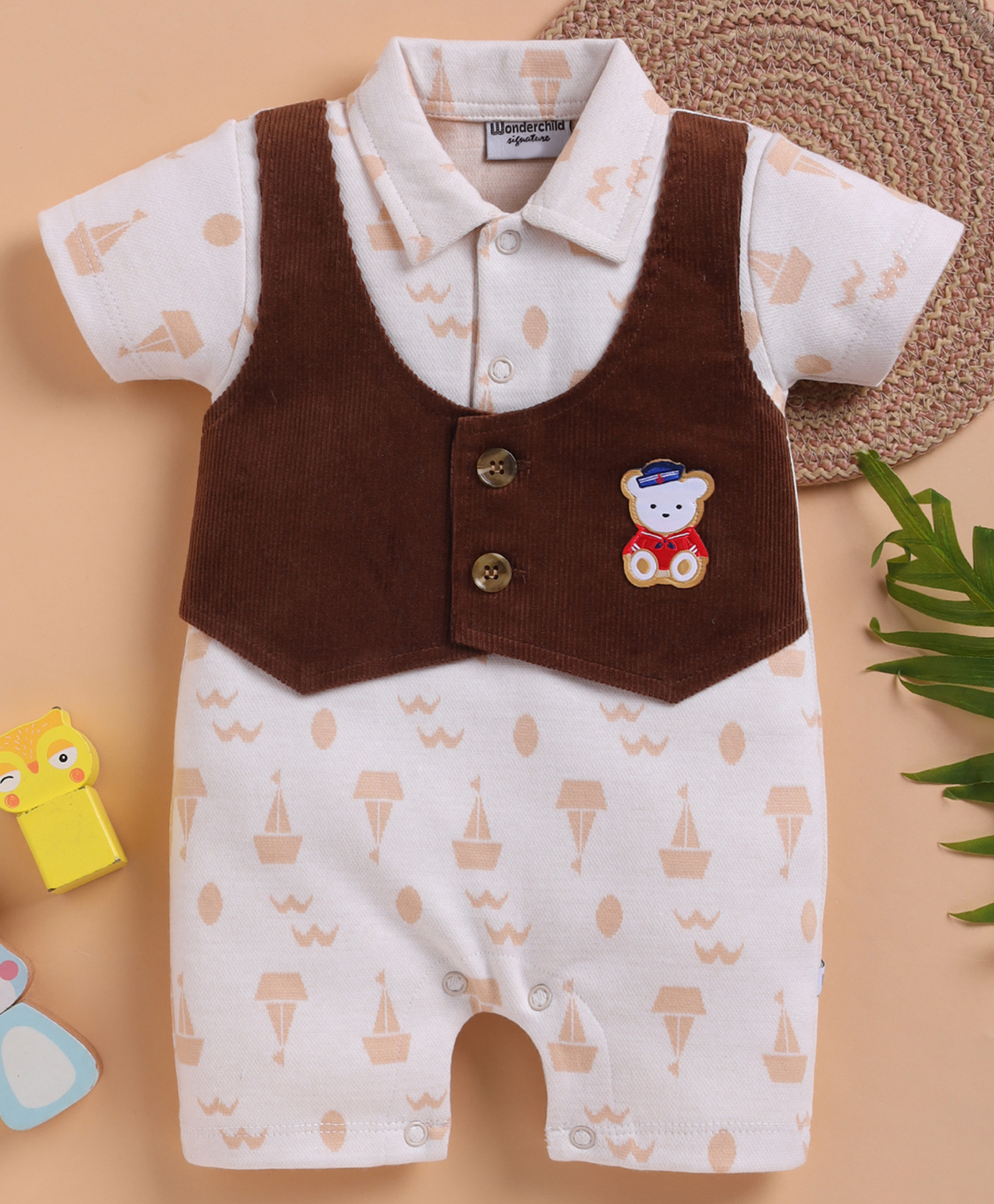 Wonderchild Half Sleeves Sailboat Printed Teddy Bear Patch Detailed Mock Style Waistcoat Designed Romper - Skin & Brown-picture-18