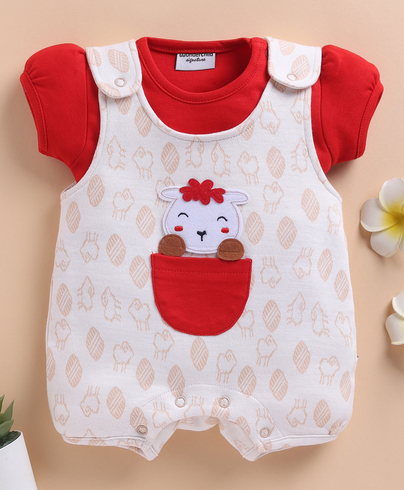 Wonderchild Half Puffed Sleeves Top With Sheep Printed & Patch Detailed Dungaree - Red & Skin