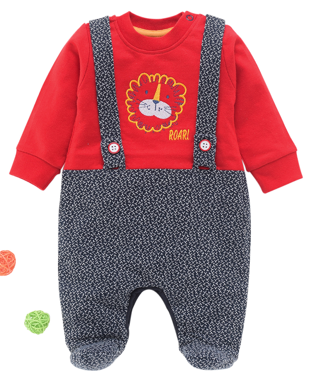 Wonderchild Full Sleeves Lion Printed Mock Style Dungaree Designed Romper - Red-image-19