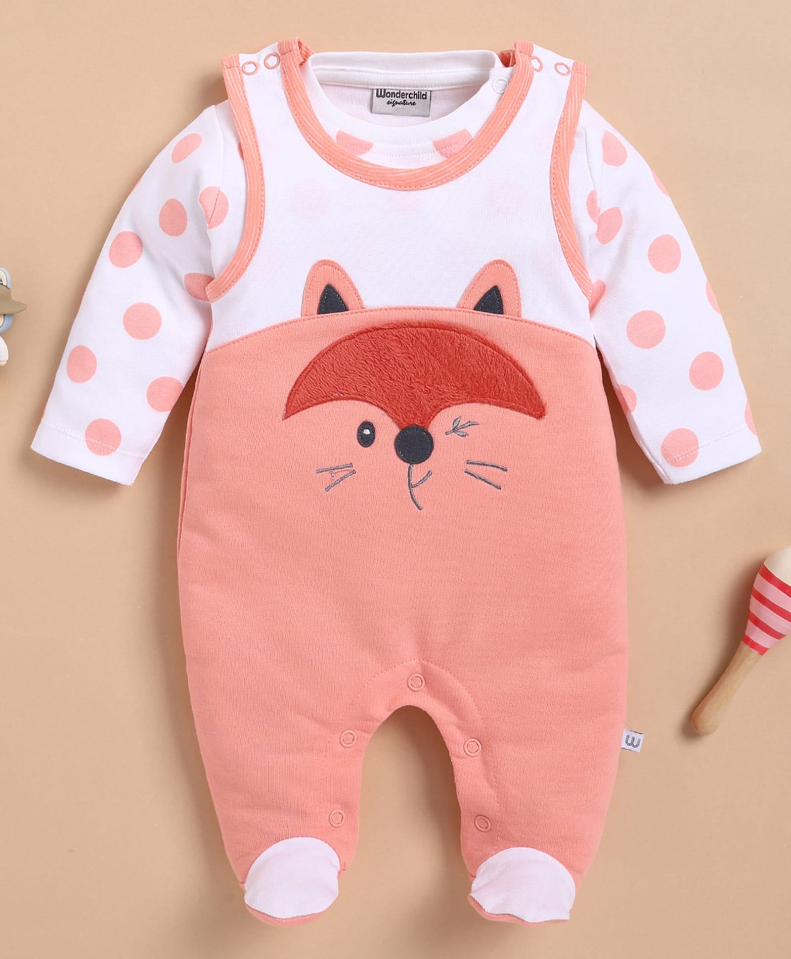 Wonderchild Full Sleeves Animal Face Embroidered Sleepsuit - White & Deep Peach-image-34