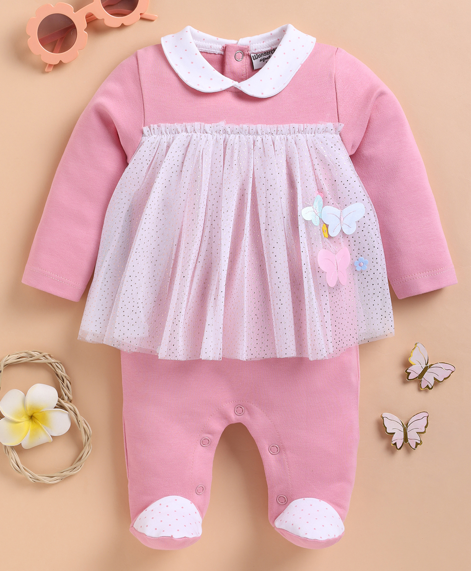 Wonderchild Full Sleeves Butterfly Applique & Net Detailed Romper - Mud Pink-image-48