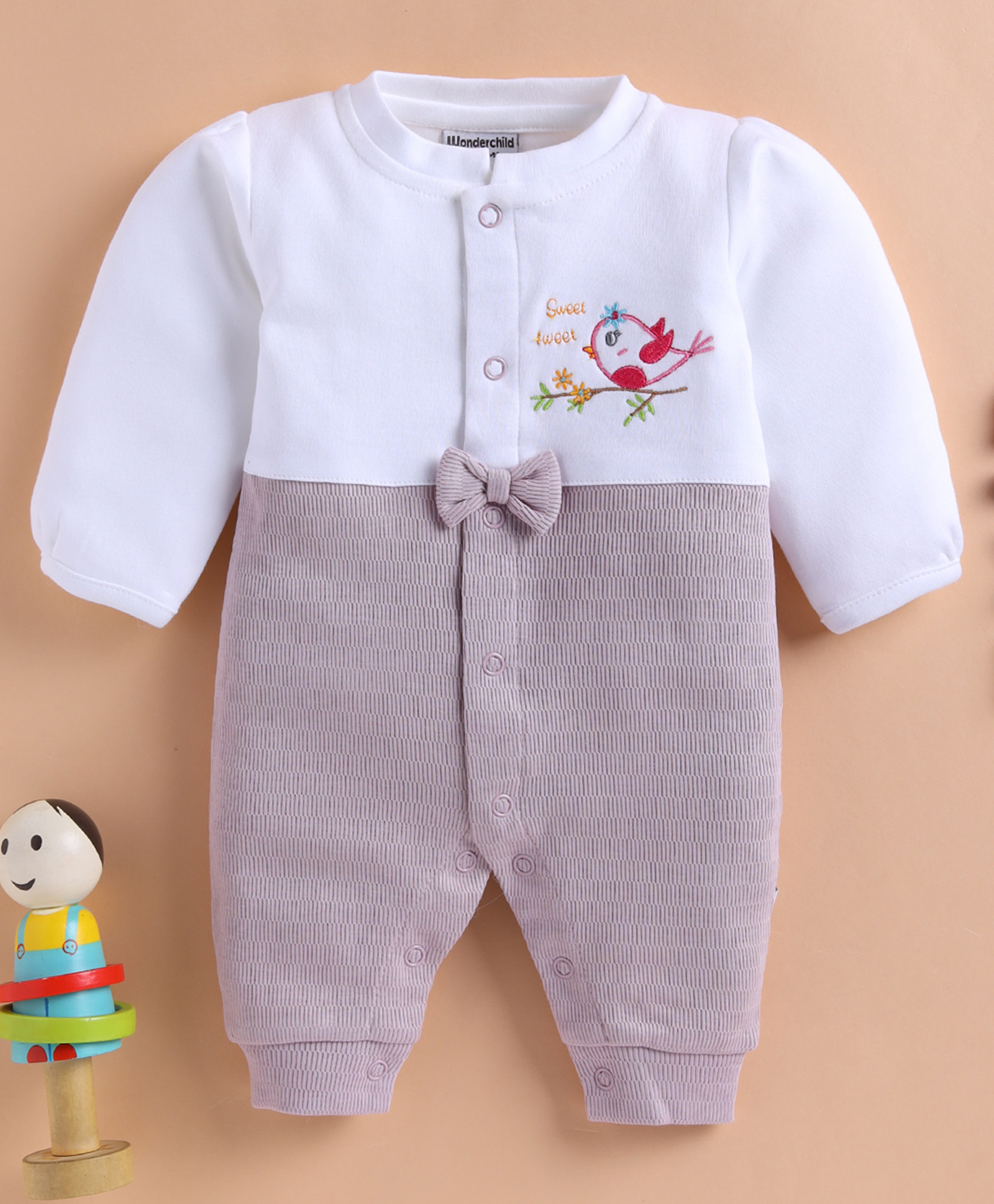 Wonderchild Full Sleeves Bird Embroidered Romper - White & Mud Pink-image-8