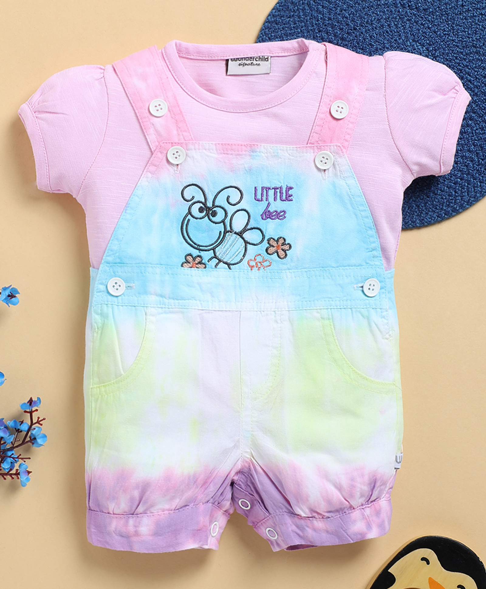 Wonderchild Bee Embroidered Dungaree With Half Puffed Sleeves Tee - Pink & White-picture-12