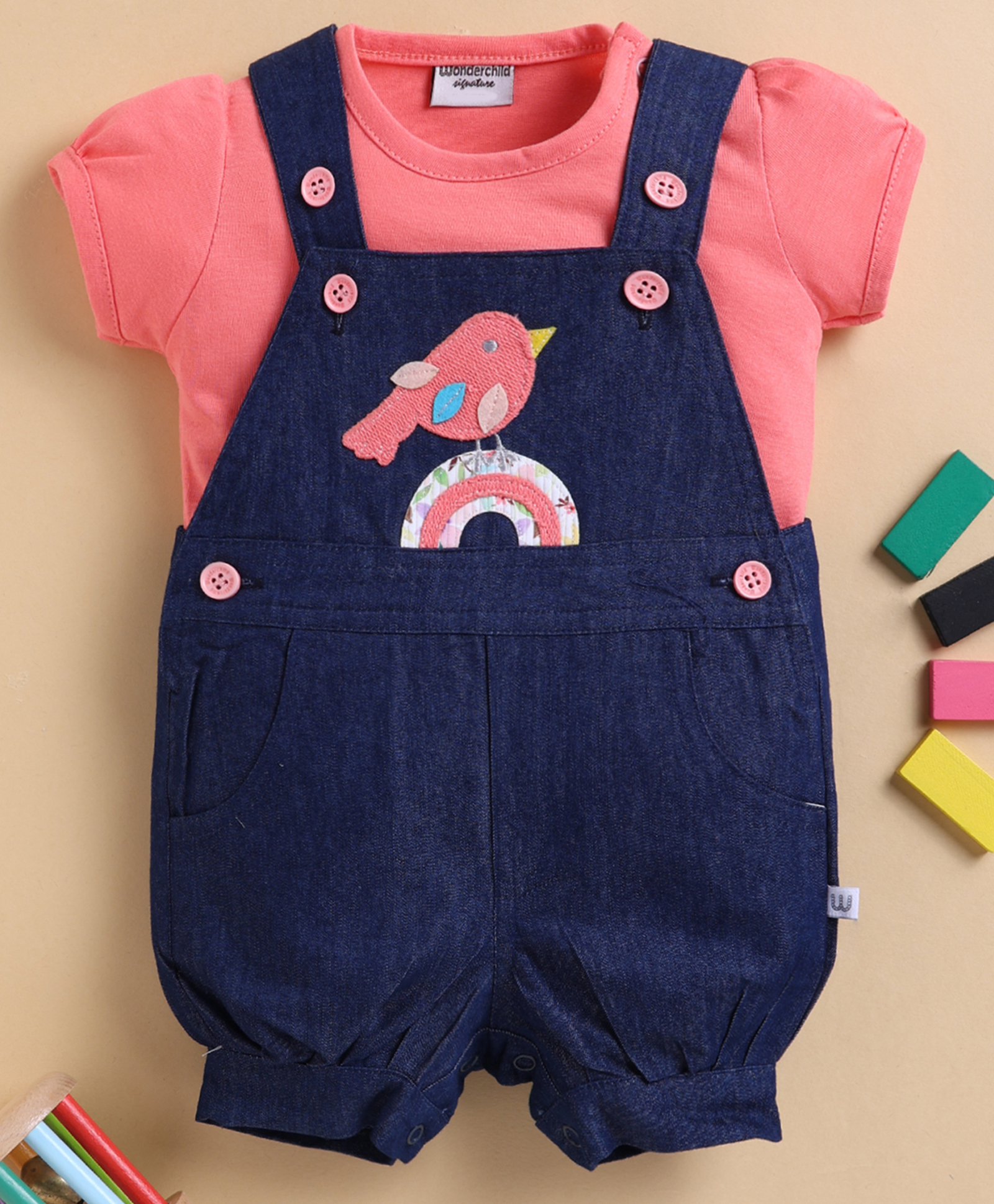 Wonderchild Half Puffed Sleeves Tee With Bird On Rainbow Patch Detailed Dungaree - Deep Peach & Denim-image-30