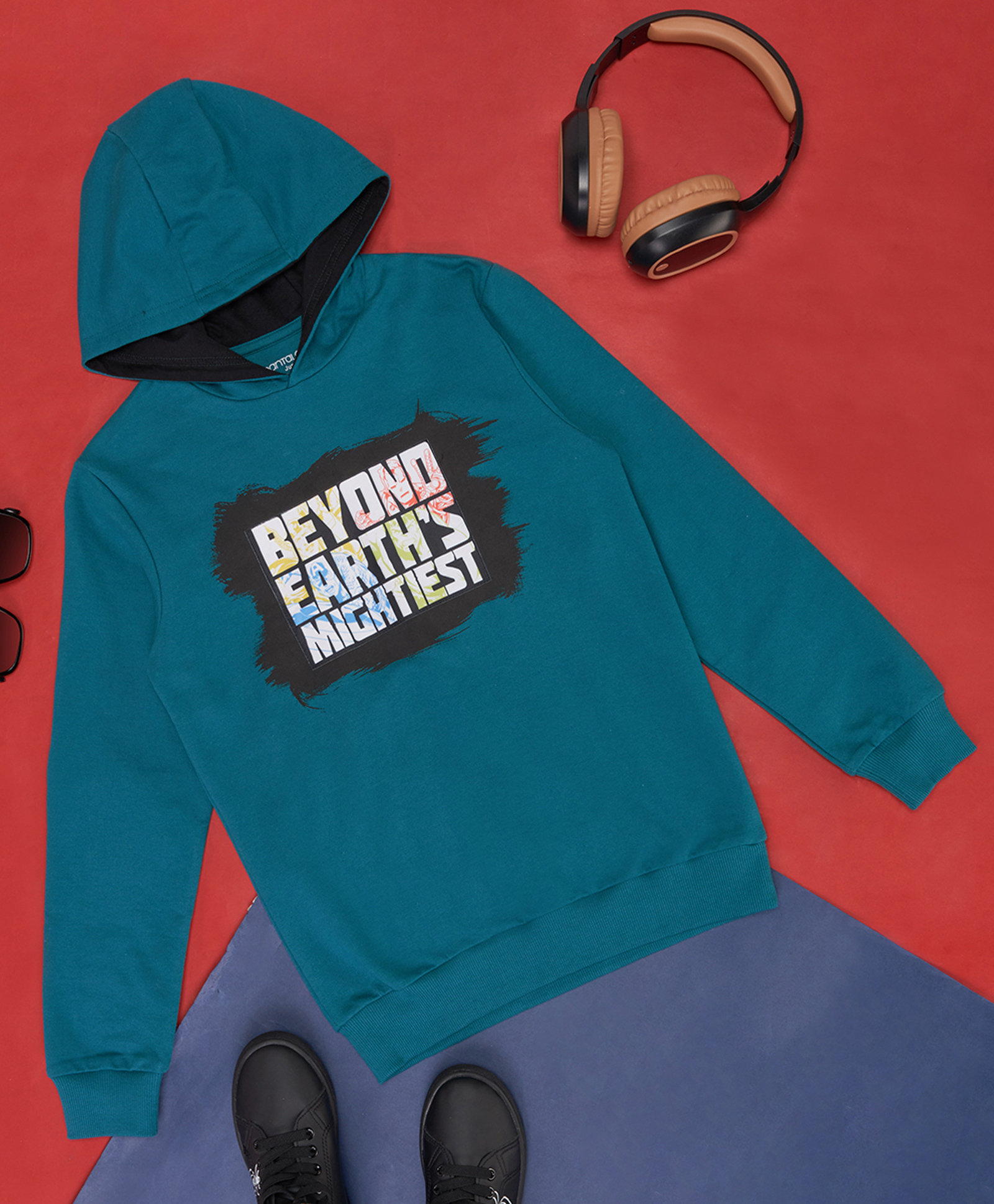 Pantaloons Junior Cotton Knit Marvel Avengers Featuring Full Sleeves Beyond Earths Mightiest Text Printed Light Winter Hoodie - Teal Blue-picture-35