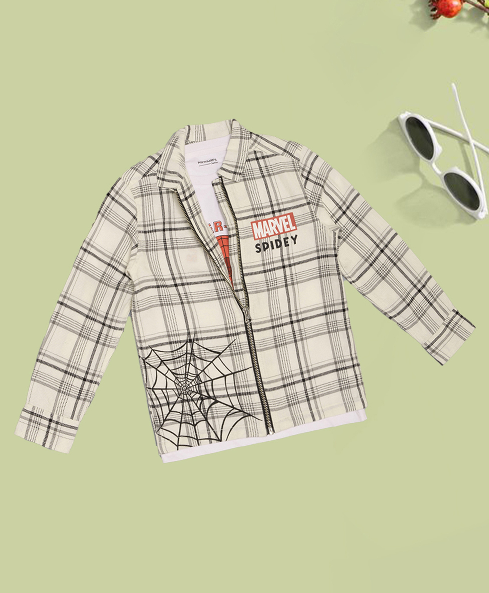 Pantaloons Junior Cotton Woven Marvel Featuring Full Sleeves Spidey Text Printed Checked Jacket with Tee - Cream-image-41