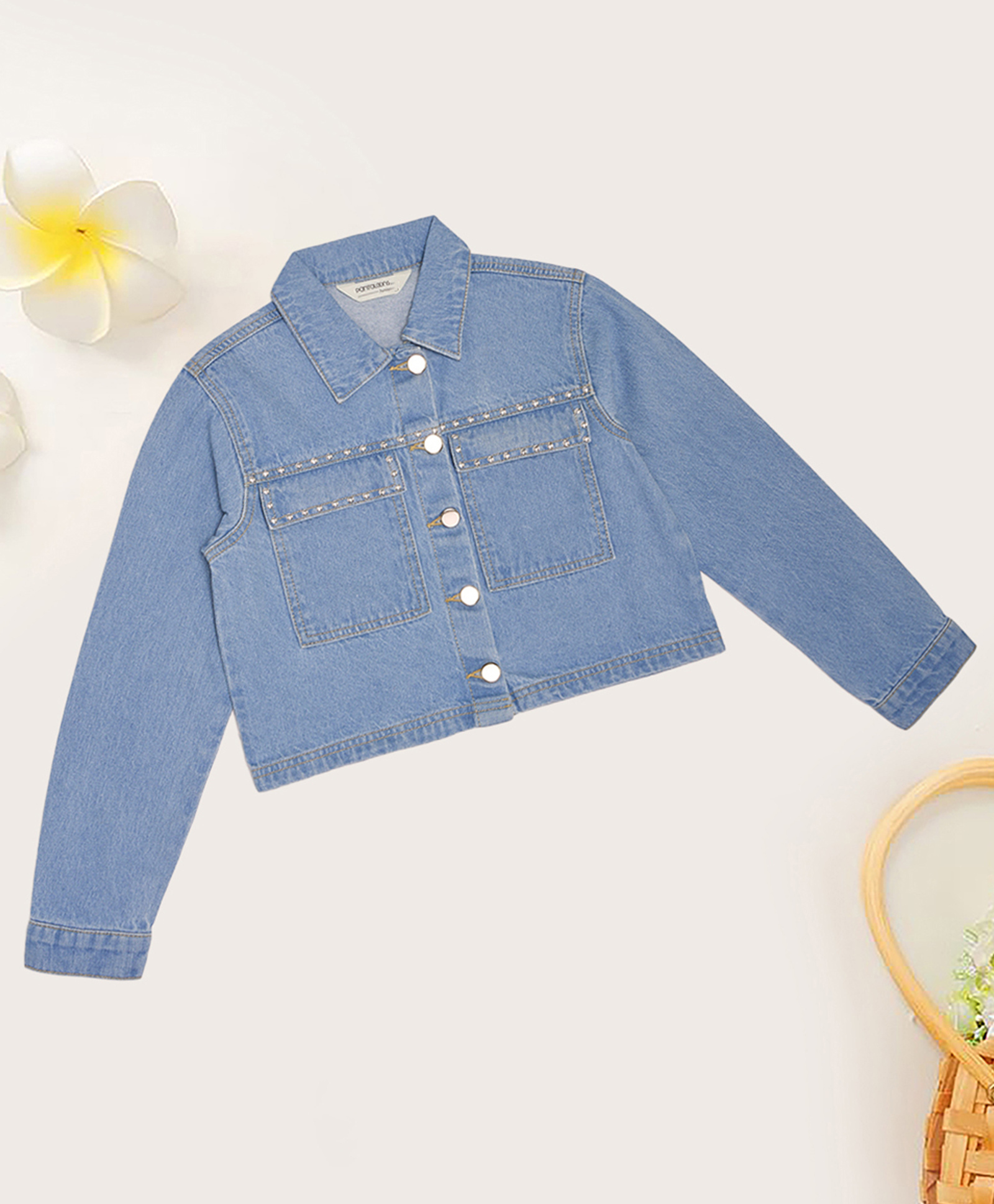 Pantaloons Junior Cotton Woven Full Sleeves Embellished Cropped Jacket - Light Blue-picture-31