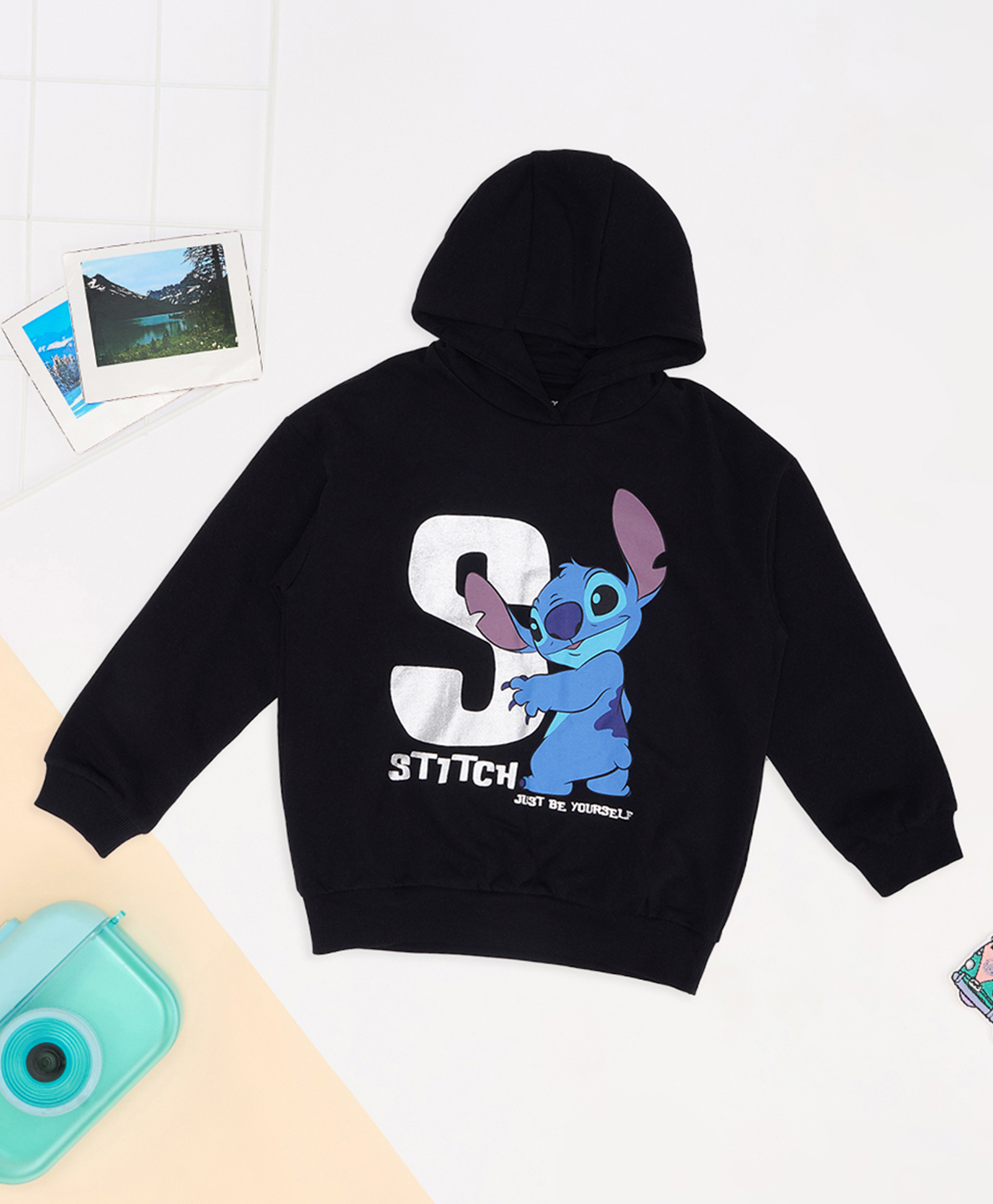 Pantaloons Junior Knit Lilo & Stitch Featuring Full Sleeves Character Printed Light Winter Hoodie - Black-image-29