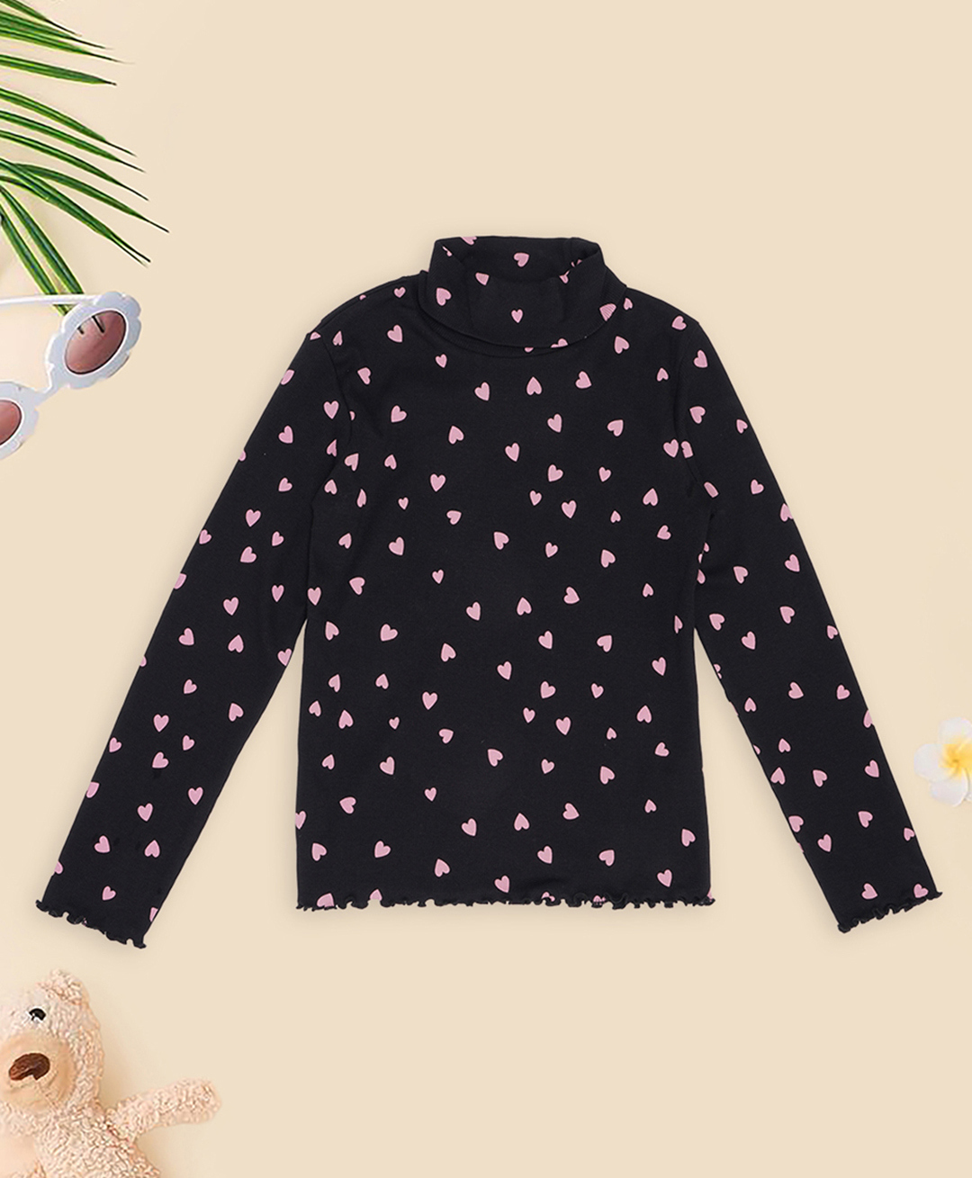 Pantaloons Junior Cotton Elastane Knit Full Sleeves Heart Printed Light Winter Sweatshirt - Black-picture-18