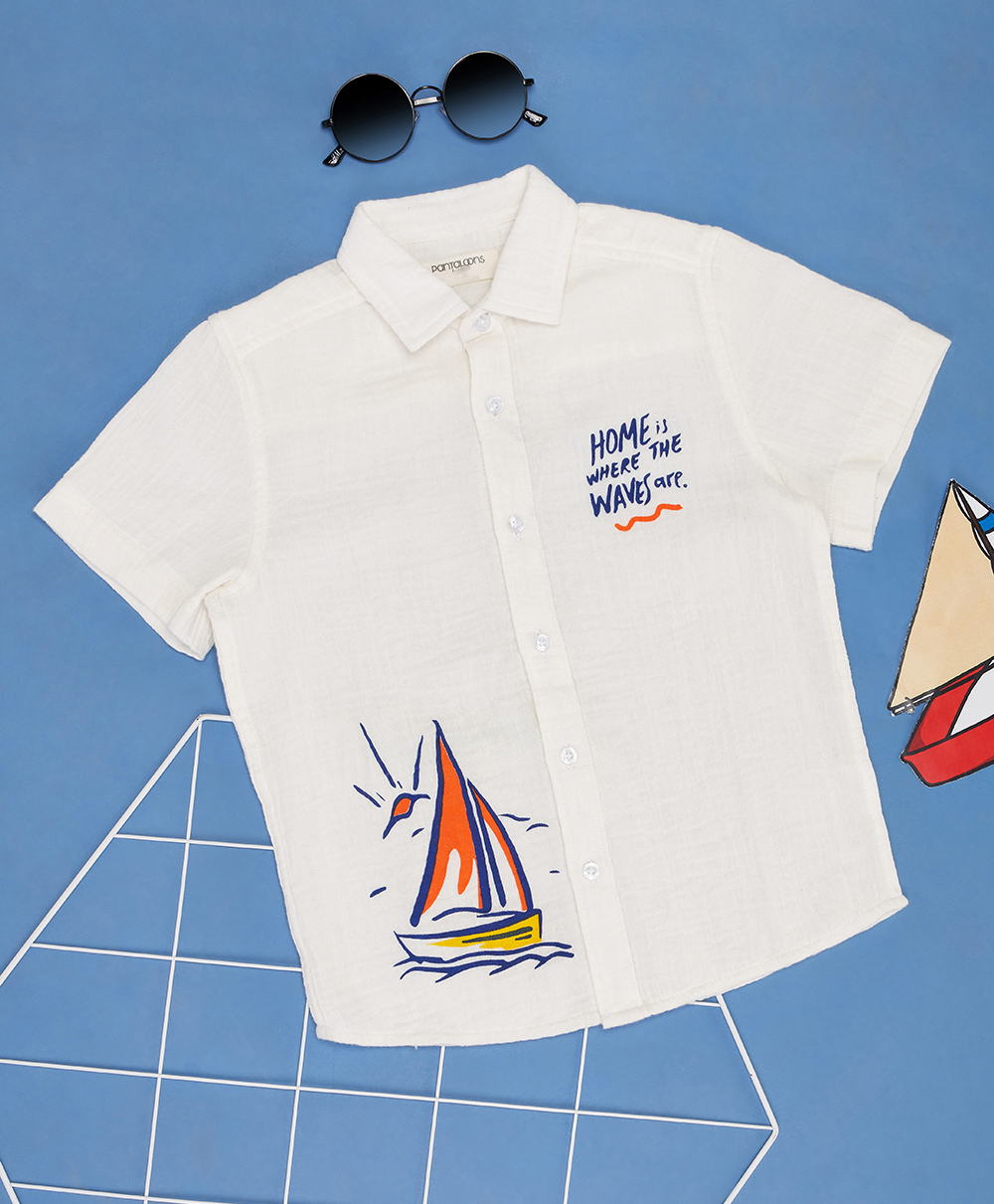 Pantaloons Junior Cotton Woven Half Sleeves Home Is Where The Waves Are Text Printed Shirt - White-image-28