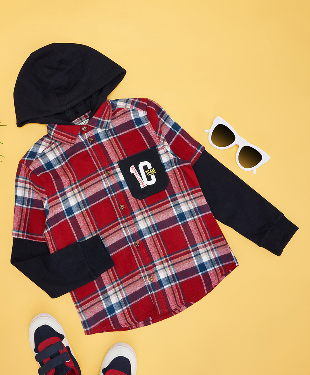 Pantaloons Junior Cotton Woven Full Doctor Sleeves Checked Hooded Shirt - Red-picture-36