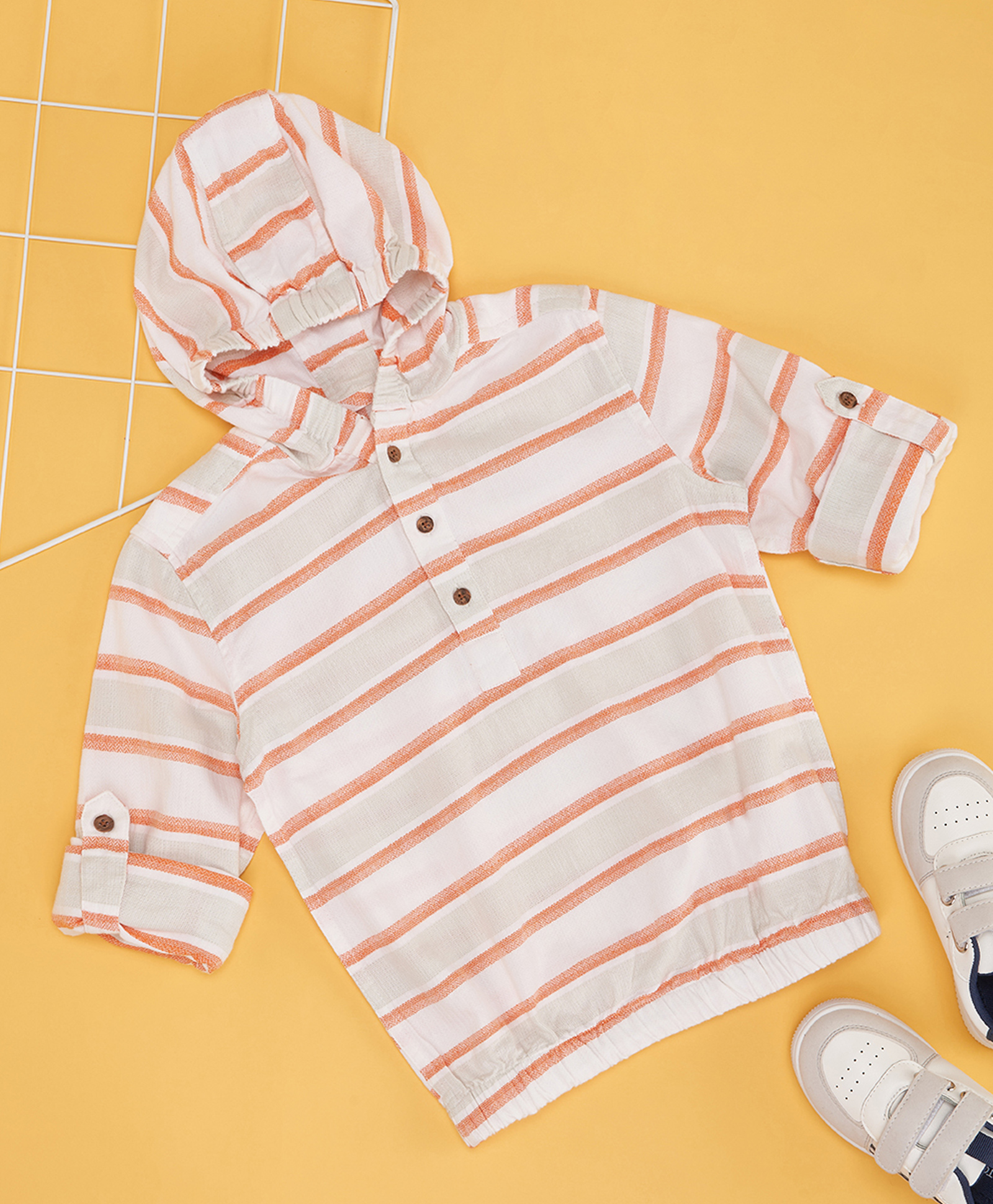 Pantaloons Junior Cotton Linen Woven Full Sleeves Striped Hooded Kurta Style Shirt - Orange-picture-24