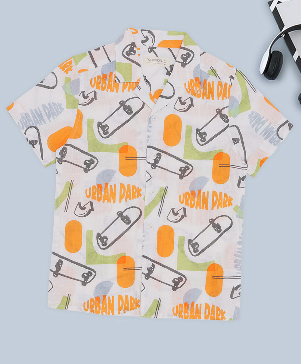 Pantaloons Junior Cotton Woven Half Sleeves Skateboard Printed Shirt - White-picture-28