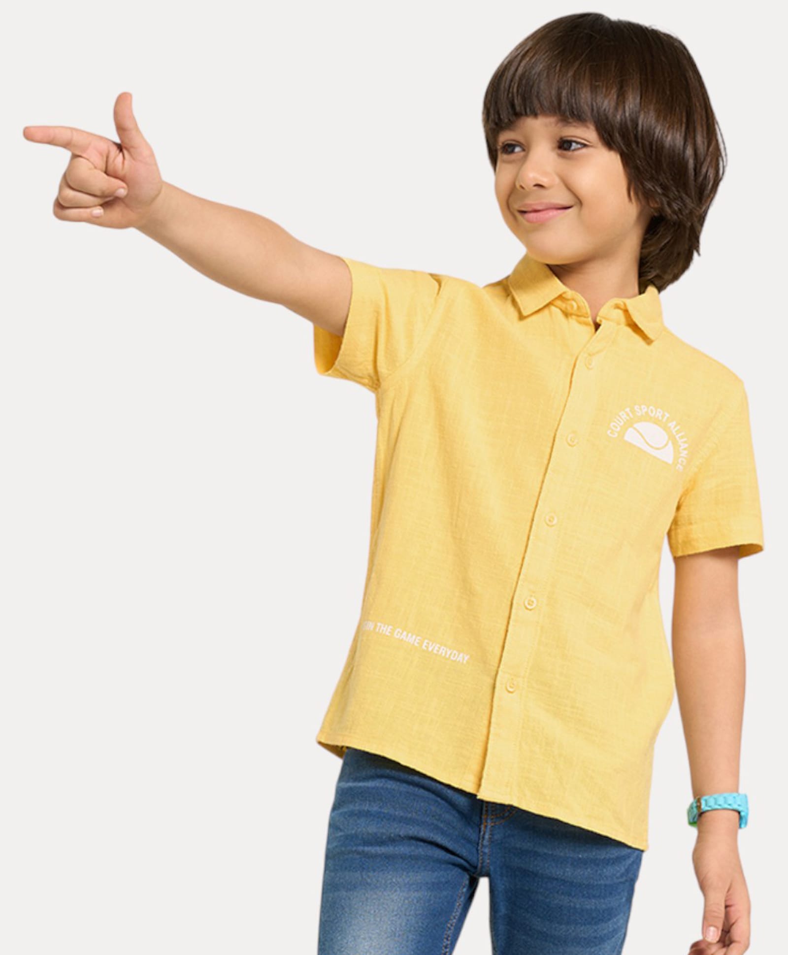 Pantaloons Junior Cotton Woven Half Sleeves Court Sport Alliance Text Printed Shirt - Banana Cream-picture-10