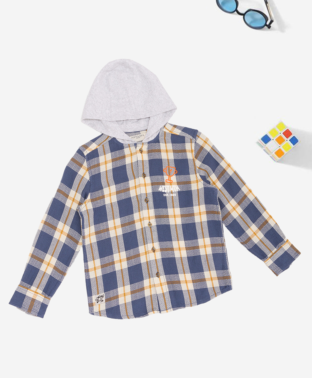 Pantaloons Junior Cotton Woven Full Sleeves Tartan Checked Hooded Shirt - Blue-image-28