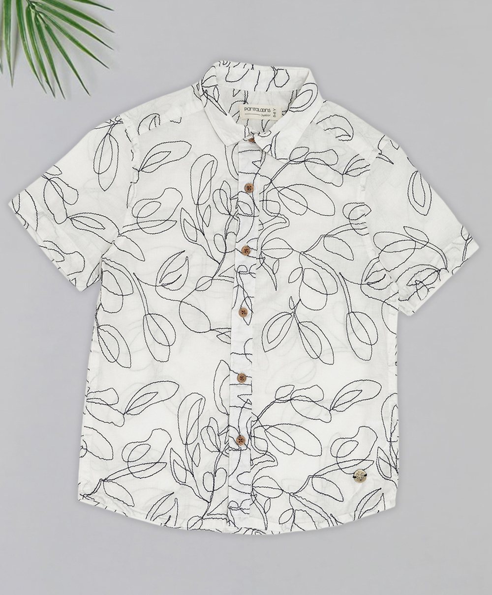 Pantaloons Junior Cotton Woven Half Sleeves Leaves Embroidered Shirt - White-picture-23